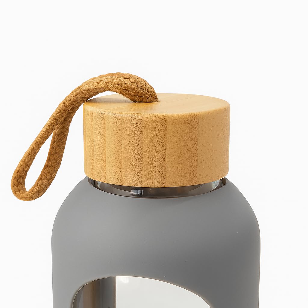 Drinkbot Flare – Borosilicate Glass Water Bottle with Time Marker & Motivational Quotes | Leak-Proof, BPA-Free, Reusable Bottle with Non-Slip Silicone Sleeve & Bamboo Lid
