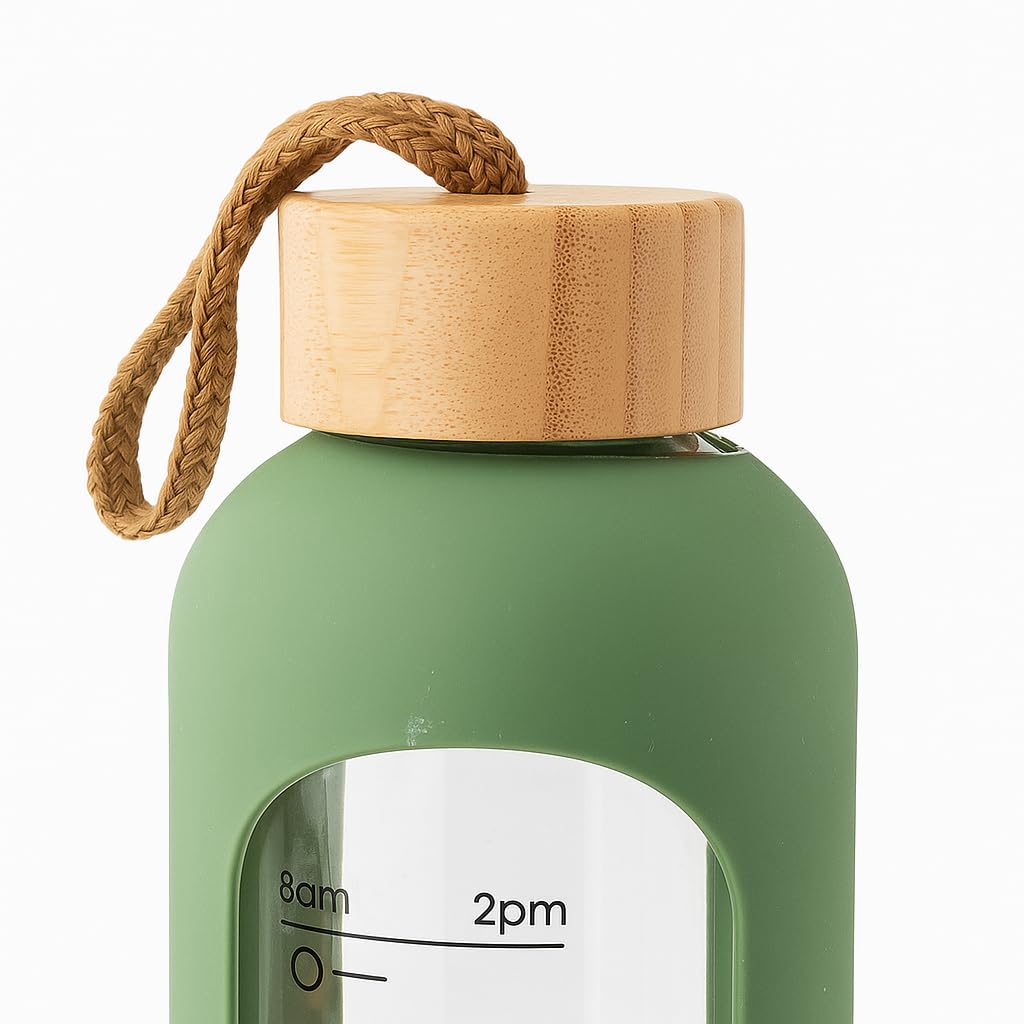 Drinkbot Flare – Borosilicate Glass Water Bottle with Time Marker & Motivational Quotes | Leak-Proof, BPA-Free, Reusable Bottle with Non-Slip Silicone Sleeve & Bamboo Lid