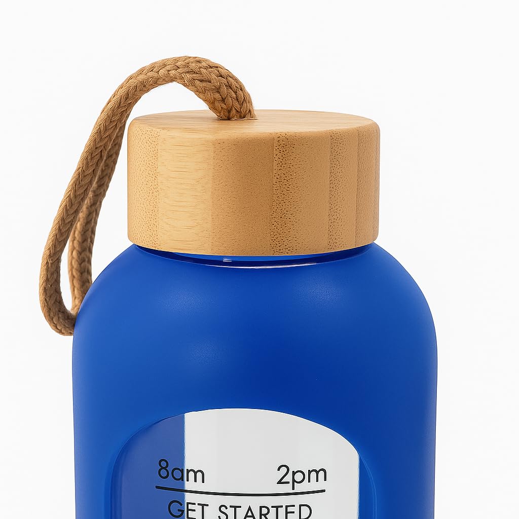 Drinkbot Flare – Borosilicate Glass Water Bottle with Time Marker & Motivational Quotes | Leak-Proof, BPA-Free, Reusable Bottle with Non-Slip Silicone Sleeve & Bamboo Lid