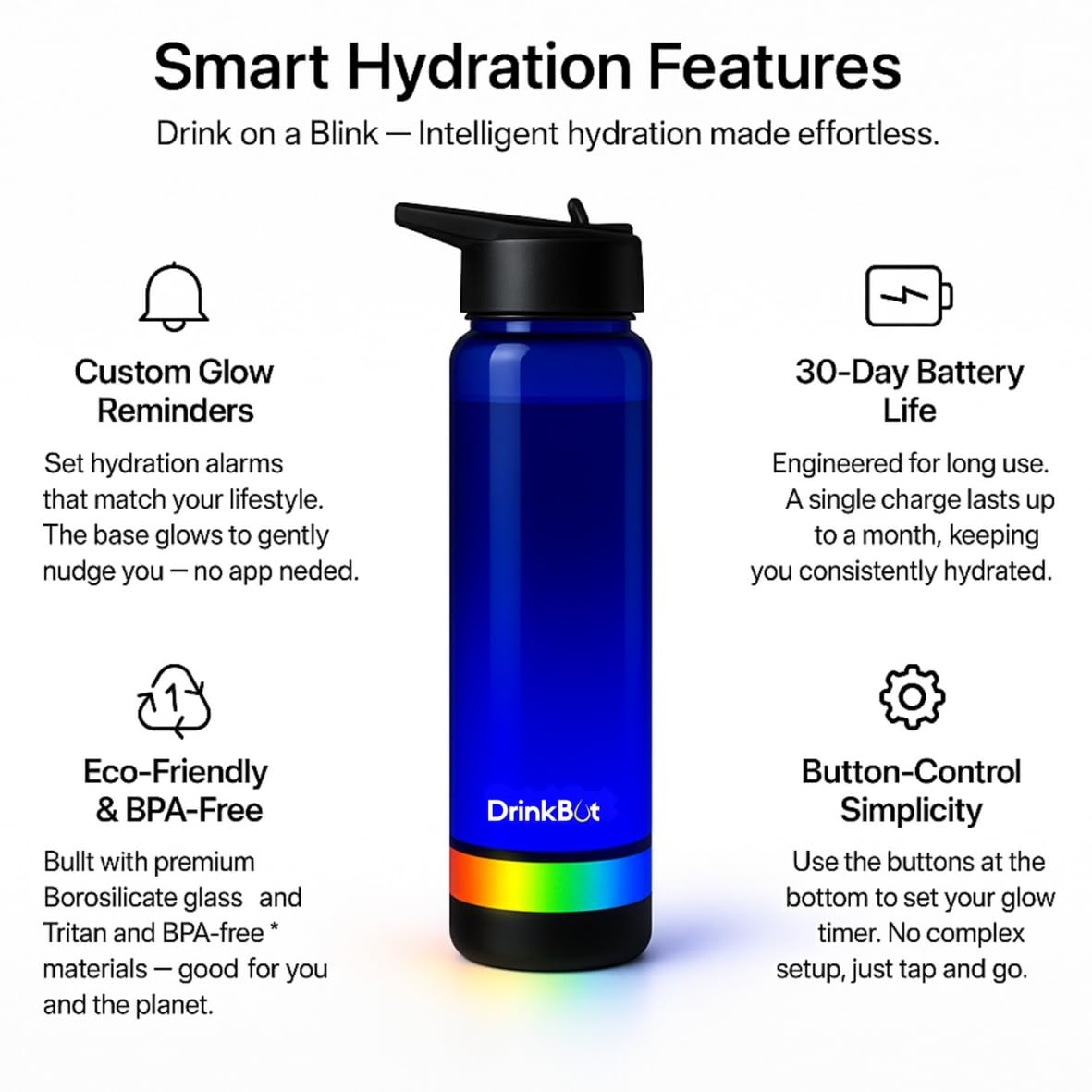 Drinkbot Smart Water Bottle 700/750 ml Water Bottle For Office| RGB Led Light Reminder To Drink|Durable,Leak Proof&Safe| Premium Bpa Free Material |Perfect For Gift,Travel,Gym,Yoga,Transparent