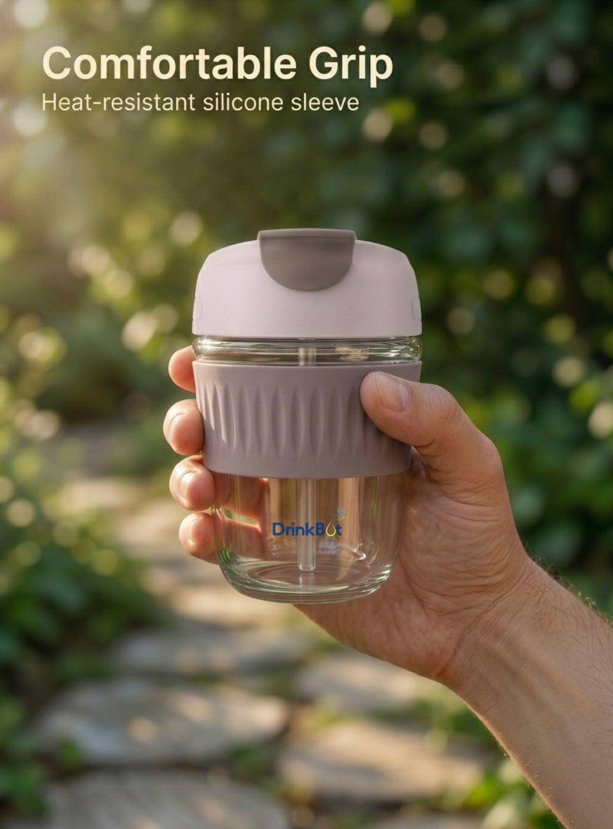 DrinkBot Ember – Glass Tumbler with Dual Sip & Straw Lid, Silicone Grip Sleeve (380 ml)