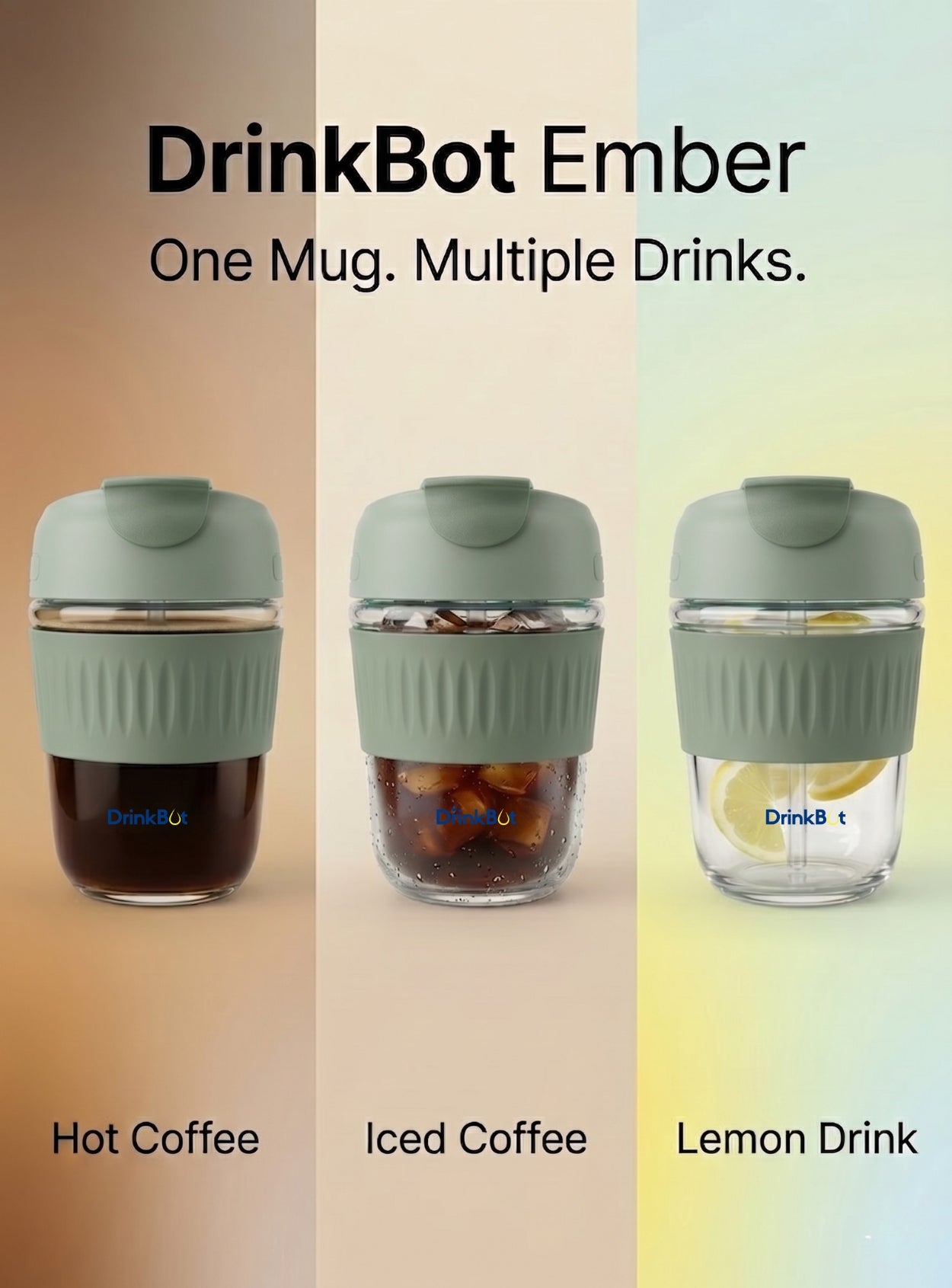 DrinkBot Ember – Glass Tumbler with Dual Sip & Straw Lid, Silicone Grip Sleeve (380 ml)