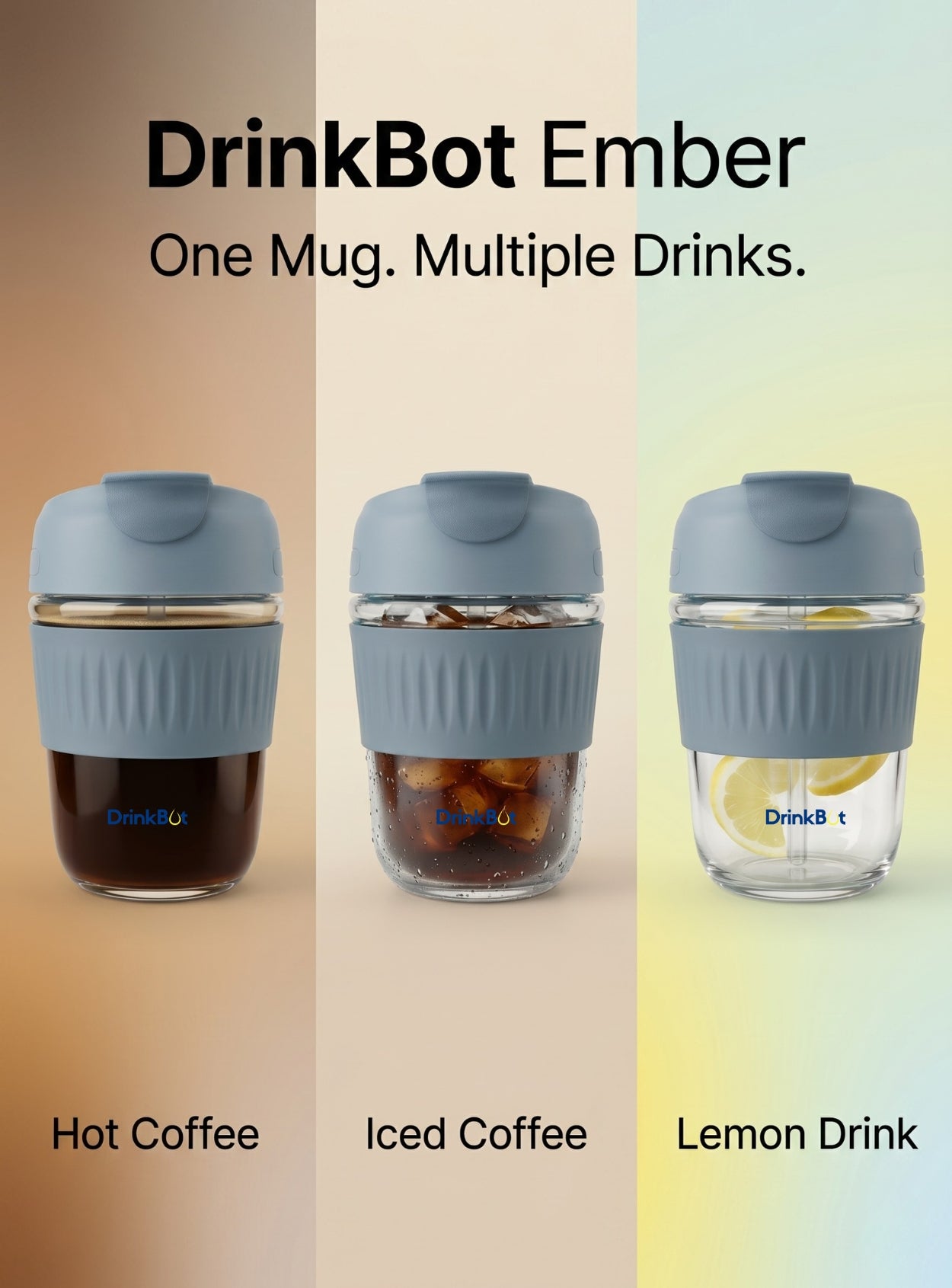 DrinkBot Ember – Glass Tumbler with Dual Sip & Straw Lid, Silicone Grip Sleeve (380 ml)