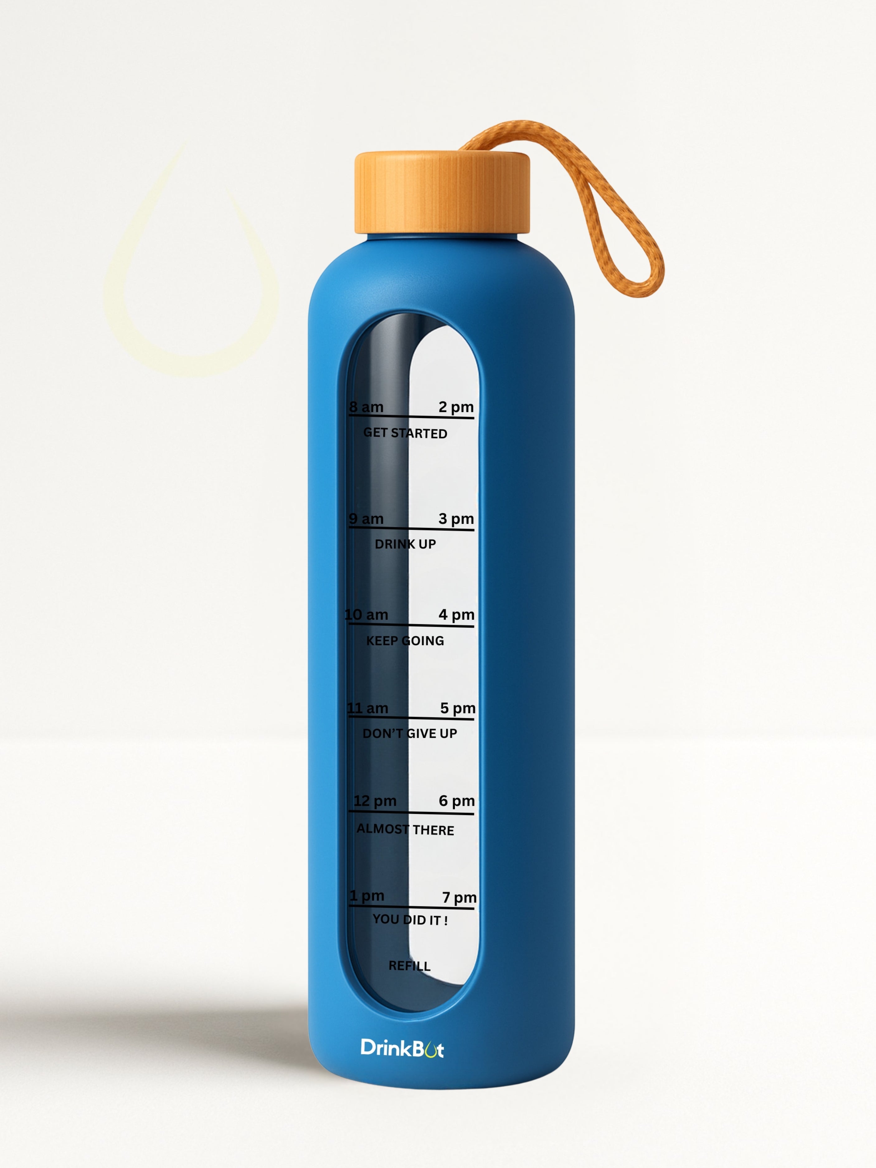 Drinkbot Flare – Borosilicate Glass Water Bottle with Time Marker & Motivational Quotes | Leak-Proof, BPA-Free, Reusable Bottle with Non-Slip Silicone Sleeve & Bamboo Lid
