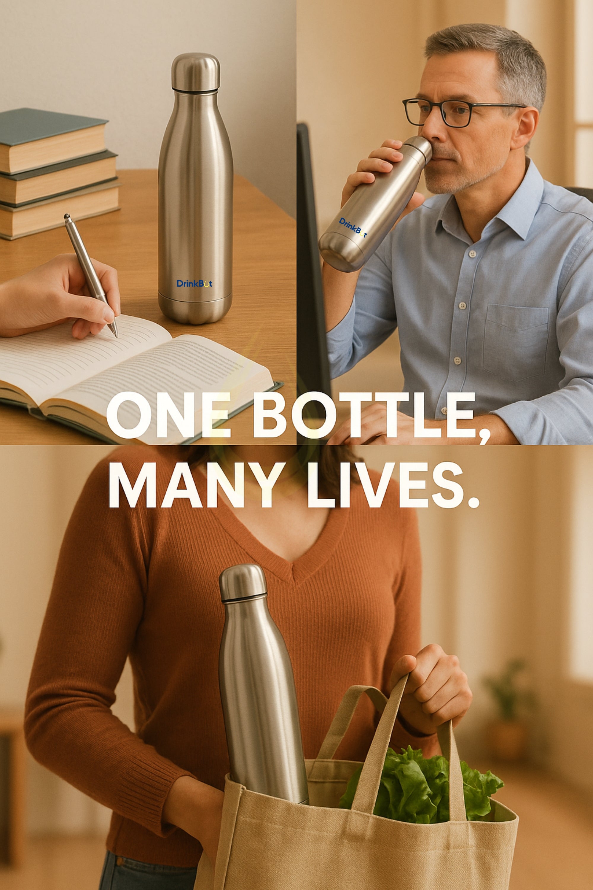 DrinkBot Soul - Stainless Steel Water Bottle | Double Wall Insulated | Classic Silver | Hot & Cold | Leakproof & Durable