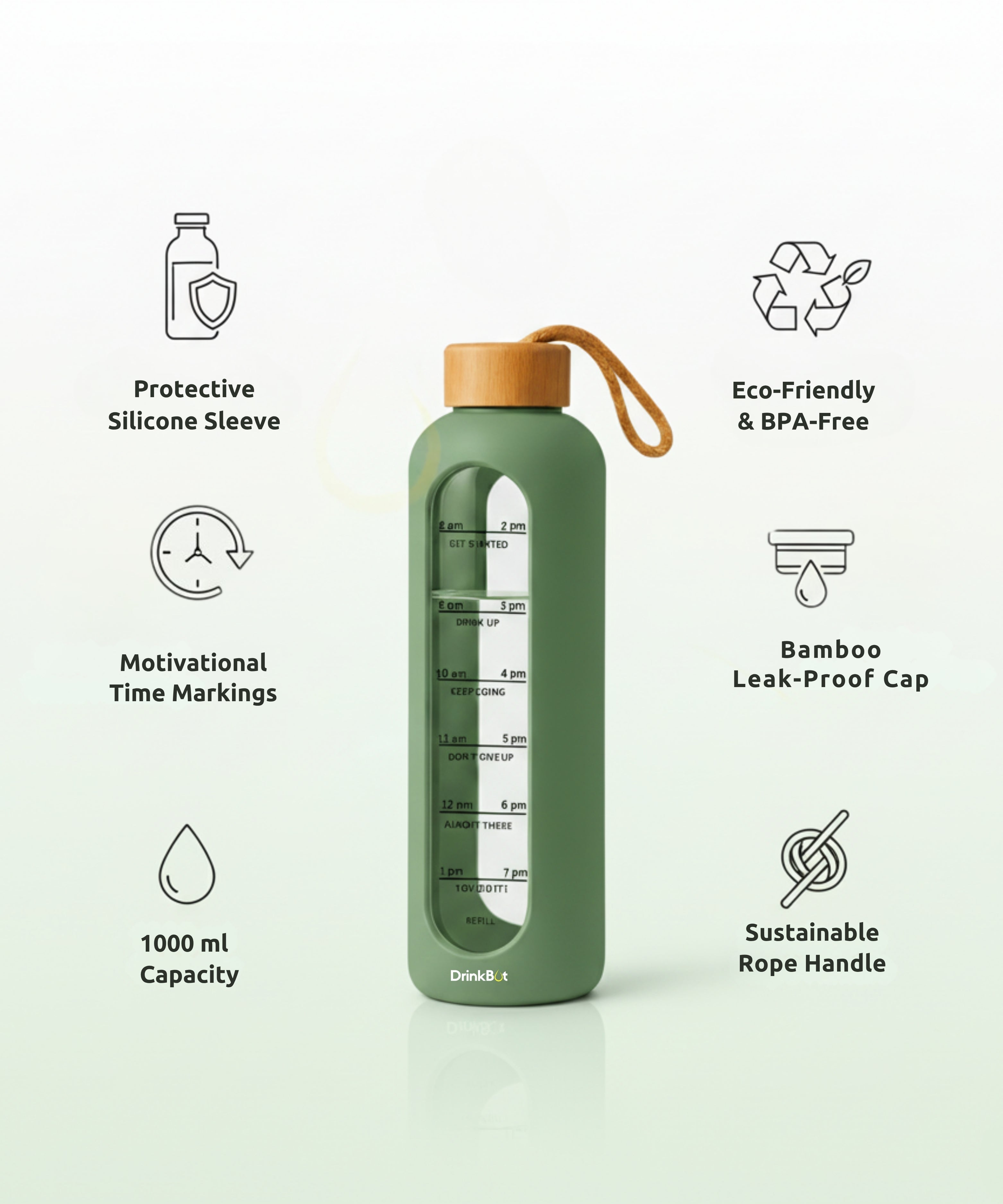 Drinkbot Flare – Borosilicate Glass Water Bottle with Time Marker & Motivational Quotes | Leak-Proof, BPA-Free, Reusable Bottle with Non-Slip Silicone Sleeve & Bamboo Lid