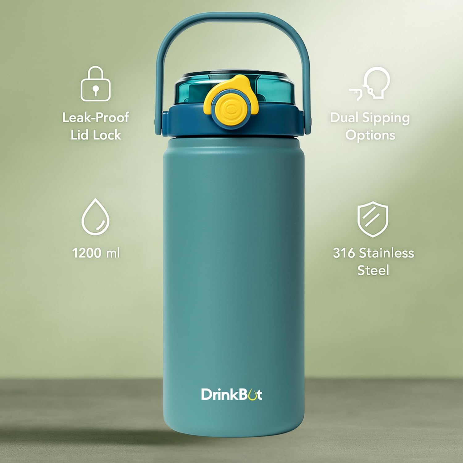 Drinkbot Nova | 1200 ml | 316 Grade Stainless Steel | Vacuum Insulated Water Bottle | Dual Access with Both Sip & Pour Lid | Thermos Hot & Cold | Water Bottle for Office, School, Gym and and Outdoor