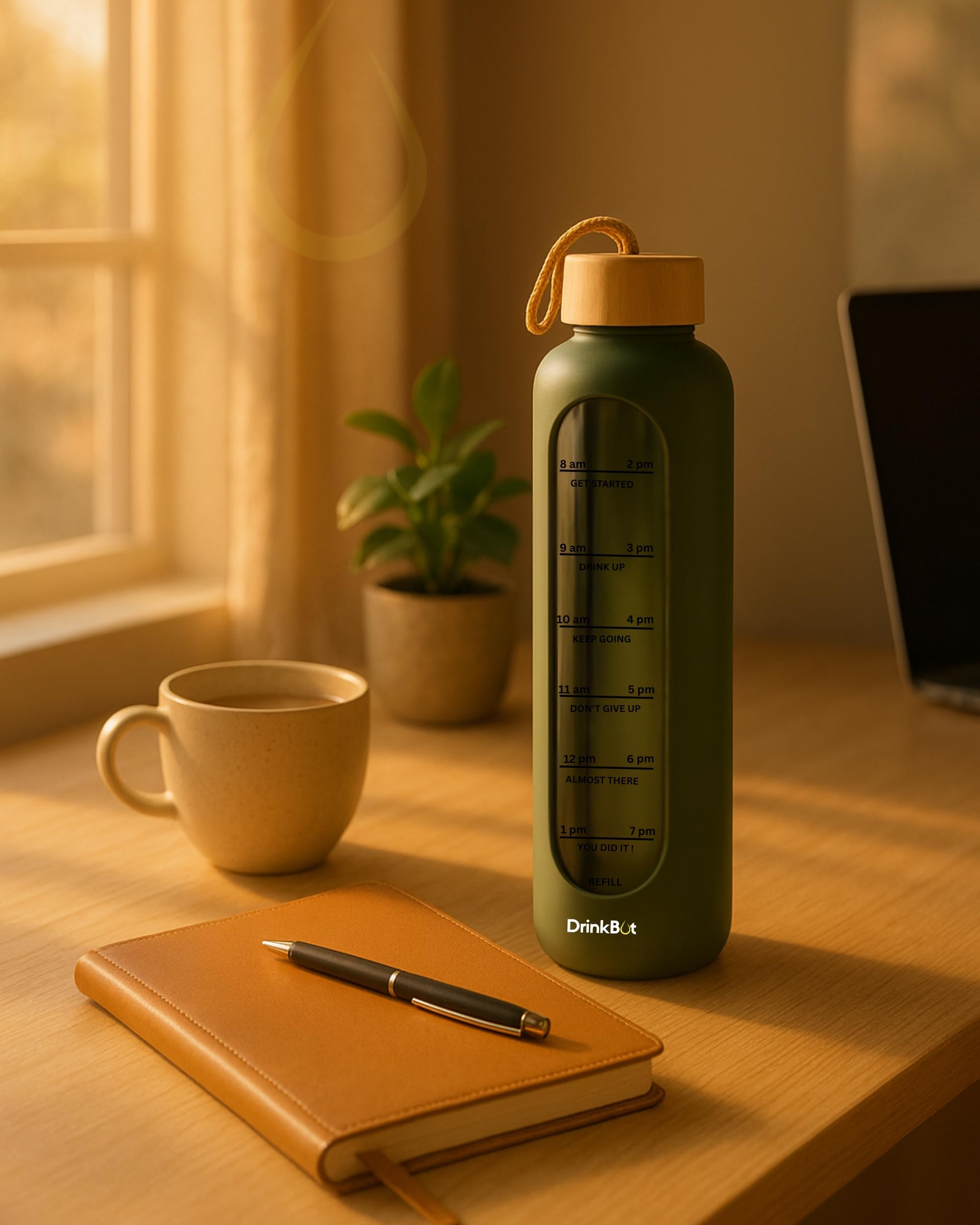 Drinkbot Flare – Borosilicate Glass Water Bottle with Time Marker & Motivational Quotes | Leak-Proof, BPA-Free, Reusable Bottle with Non-Slip Silicone Sleeve & Bamboo Lid