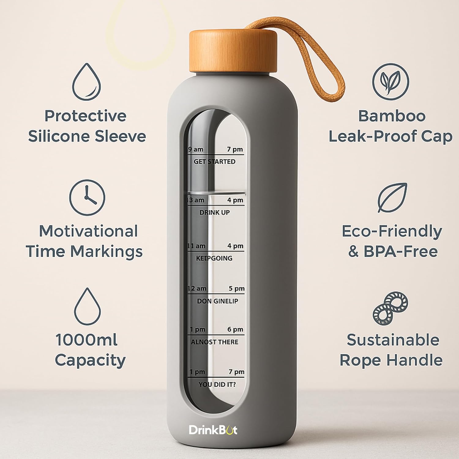 Drinkbot Flare – Borosilicate Glass Water Bottle with Time Marker & Motivational Quotes | Leak-Proof, BPA-Free, Reusable Bottle with Non-Slip Silicone Sleeve & Bamboo Lid