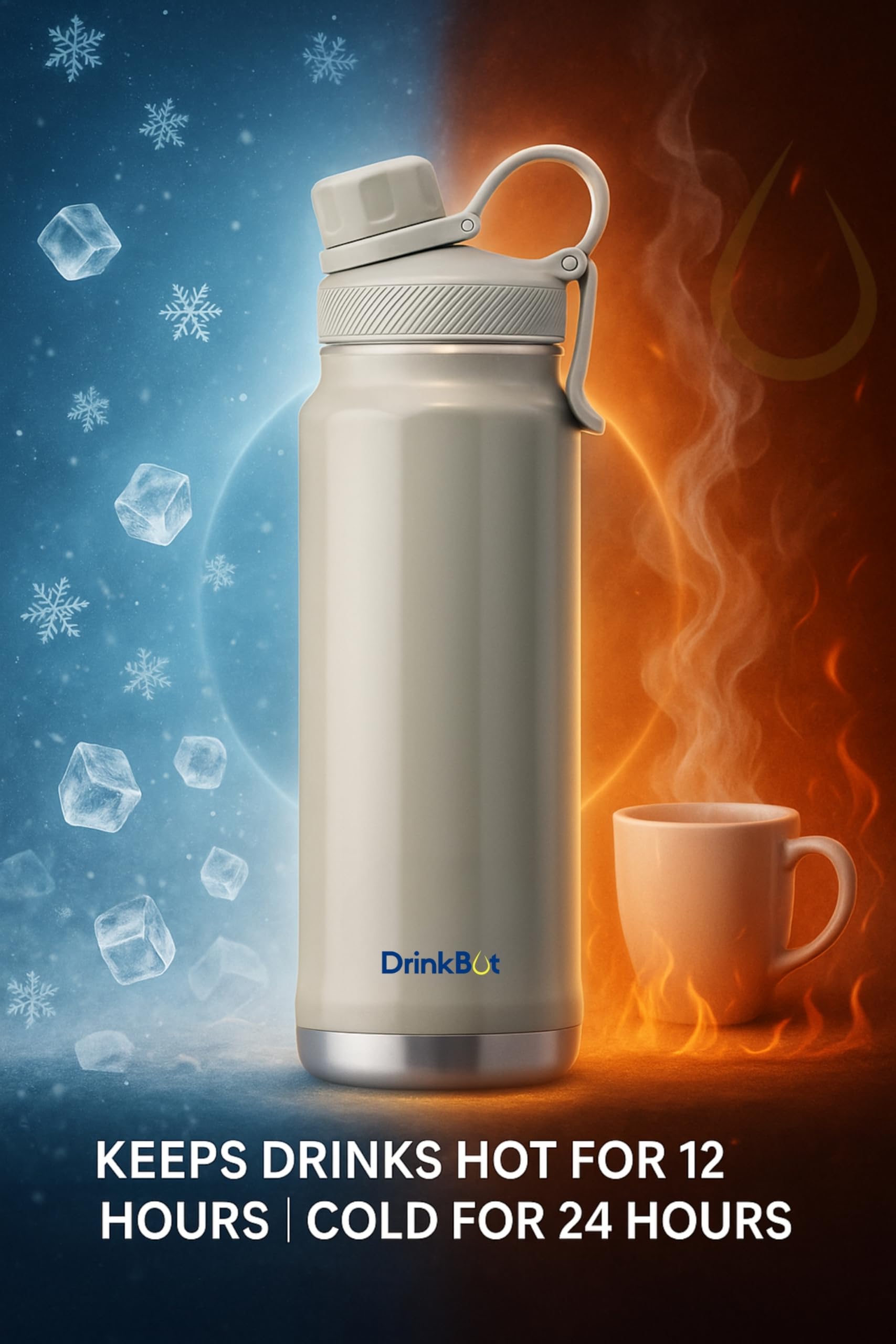 Drinkbot Comet | Stainless Steel Insulated Water Bottle – 750ml | Hot & Cold Thermos with Flip Cap & Straw | BPA-Free, Leak-Proof, Double-Wall Vacuum Flask for Office, Gym, and Travel