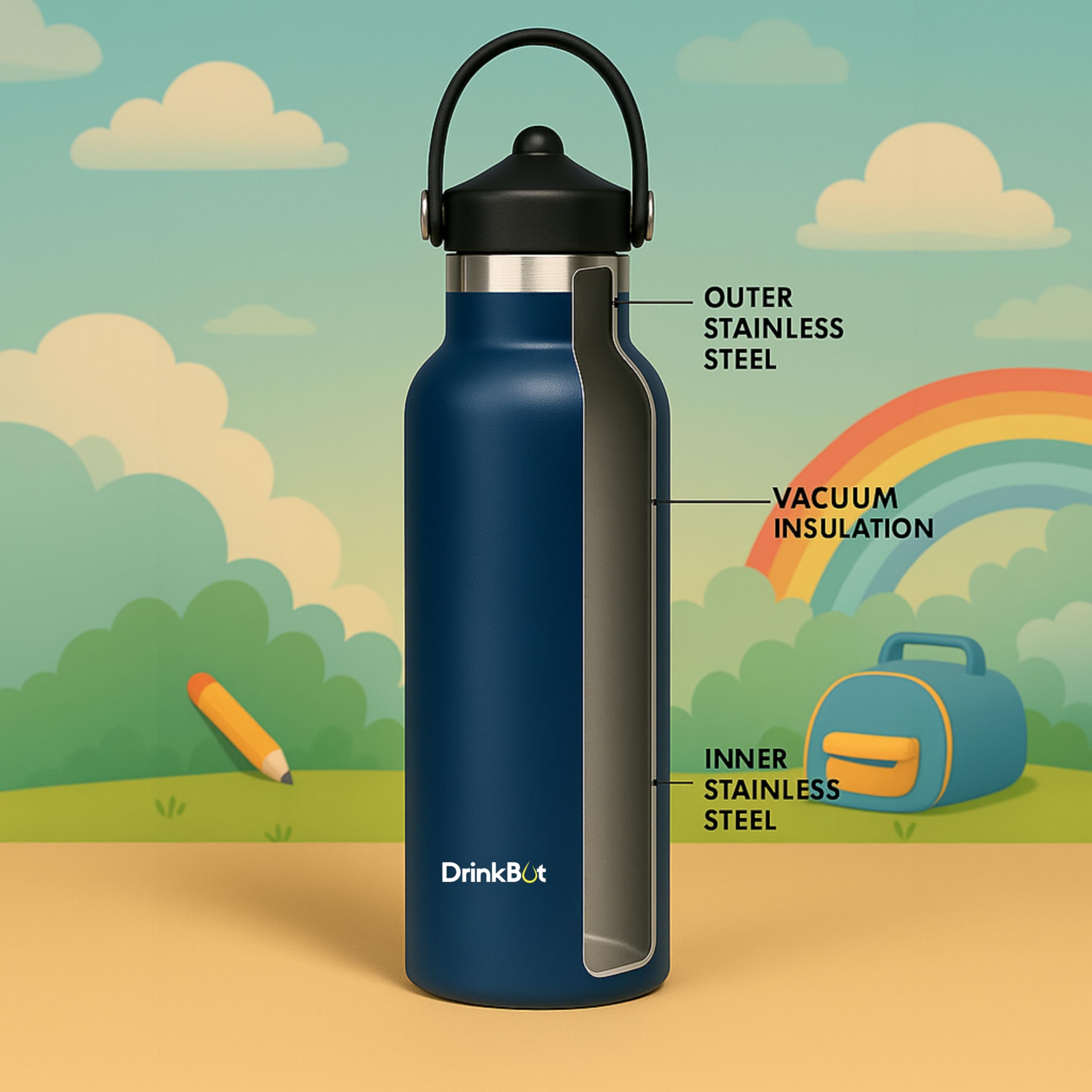 DrinkBot Breeze Kids  Sipper Bottle | 24hr Hot & Cold | 304 Steel, Double Wall | BPA-Free, Leak & Rust-Proof | Ideal for School, Sports & Travel
