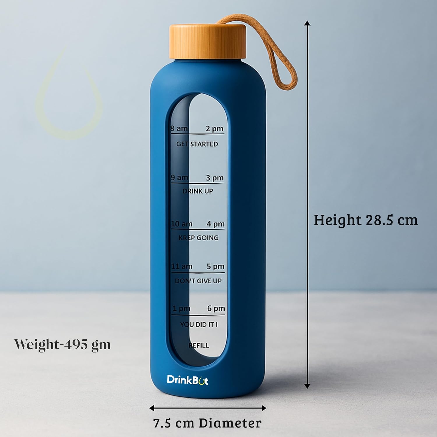 Drinkbot Flare – Borosilicate Glass Water Bottle with Time Marker & Motivational Quotes | Leak-Proof, BPA-Free, Reusable Bottle with Non-Slip Silicone Sleeve & Bamboo Lid