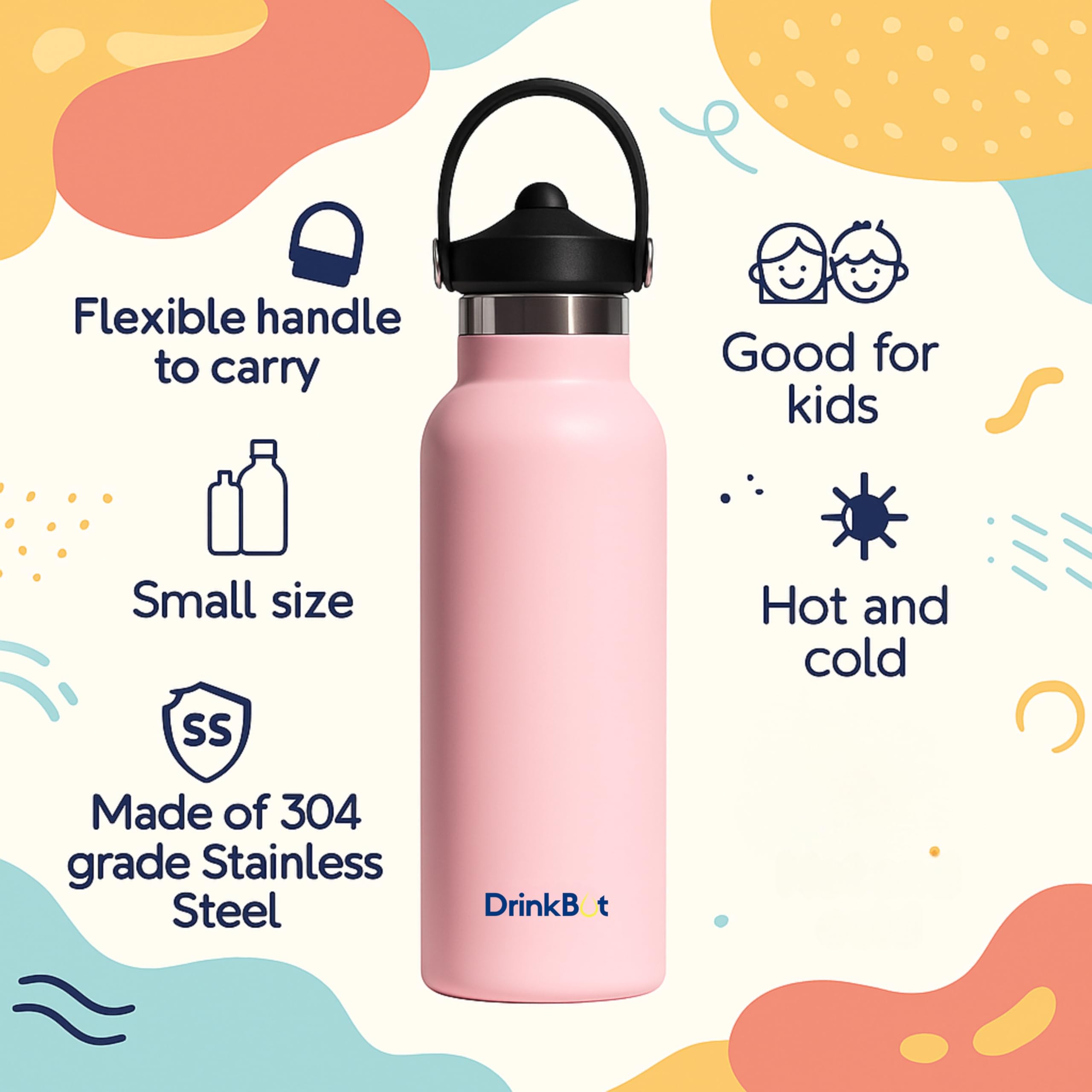 DrinkBot Breeze Kids  Sipper Bottle | 24hr Hot & Cold | 304 Steel, Double Wall | BPA-Free, Leak & Rust-Proof | Ideal for School, Sports & Travel