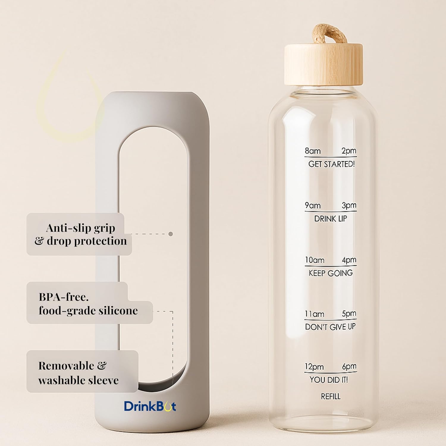 Drinkbot Flare – Borosilicate Glass Water Bottle with Time Marker & Motivational Quotes | Leak-Proof, BPA-Free, Reusable Bottle with Non-Slip Silicone Sleeve & Bamboo Lid