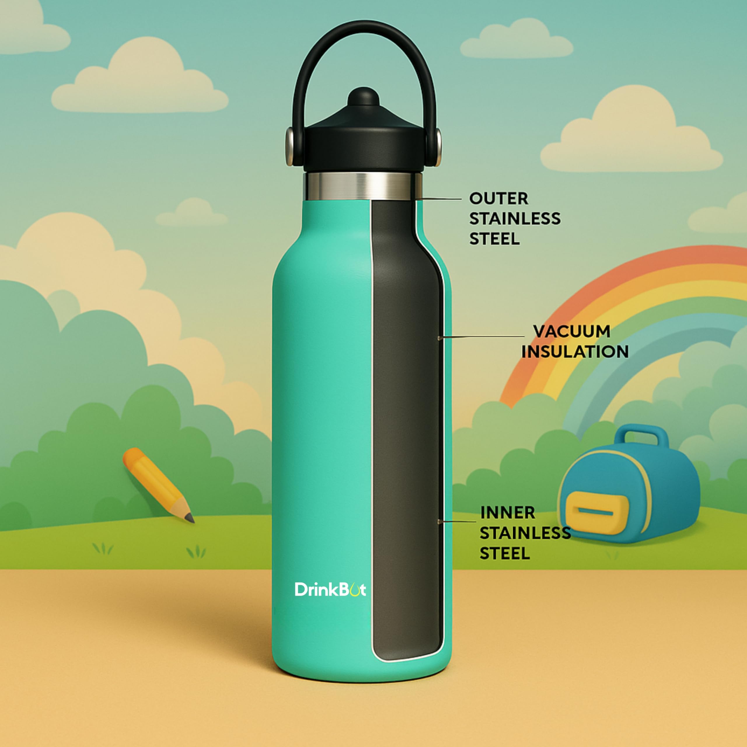 DrinkBot Breeze Kids  Sipper Bottle | 24hr Hot & Cold | 304 Steel, Double Wall | BPA-Free, Leak & Rust-Proof | Ideal for School, Sports & Travel