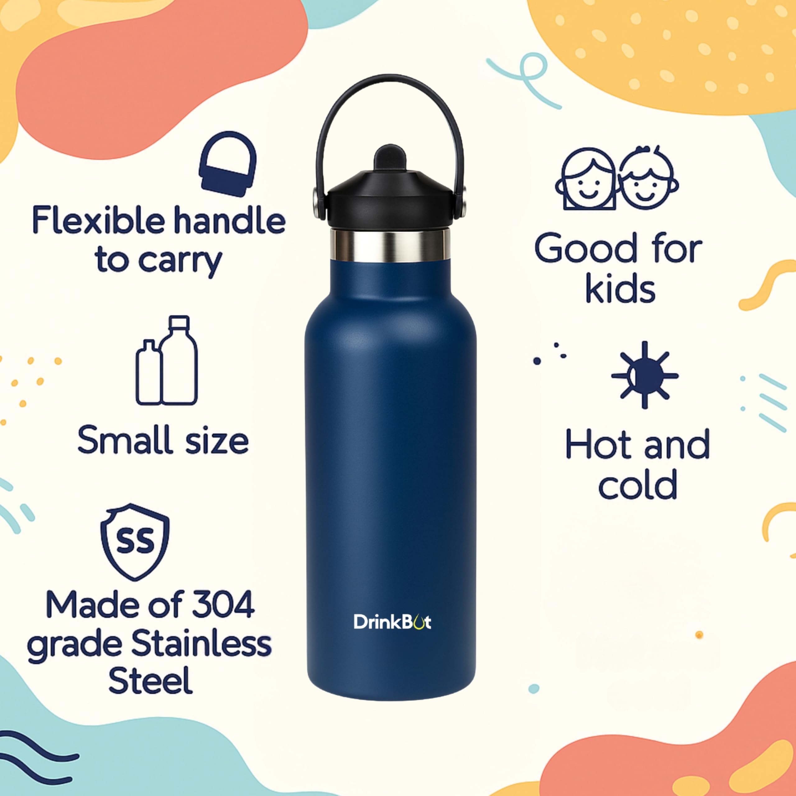 DrinkBot Breeze Kids  Sipper Bottle | 24hr Hot & Cold | 304 Steel, Double Wall | BPA-Free, Leak & Rust-Proof | Ideal for School, Sports & Travel
