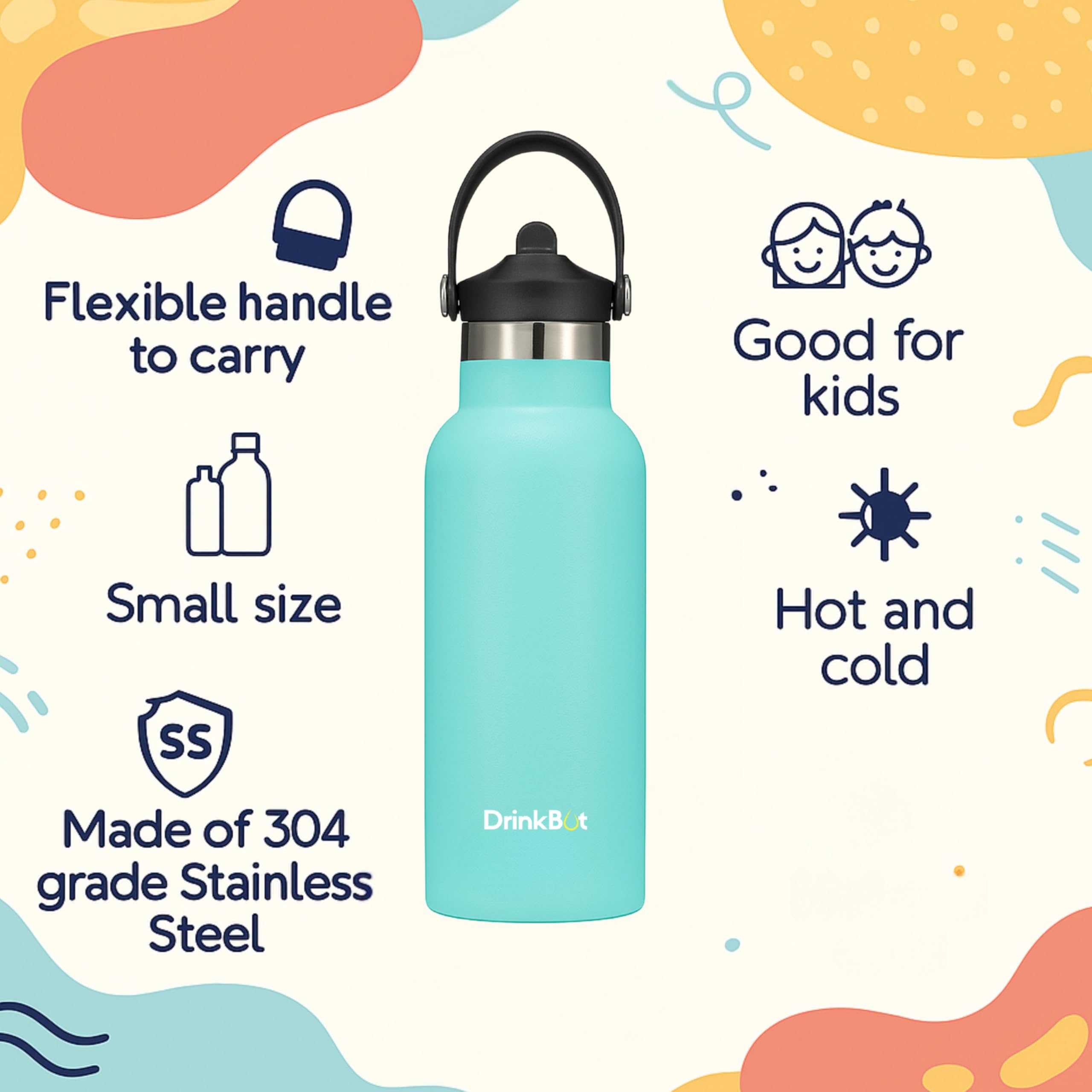 DrinkBot Breeze Kids  Sipper Bottle | 24hr Hot & Cold | 304 Steel, Double Wall | BPA-Free, Leak & Rust-Proof | Ideal for School, Sports & Travel