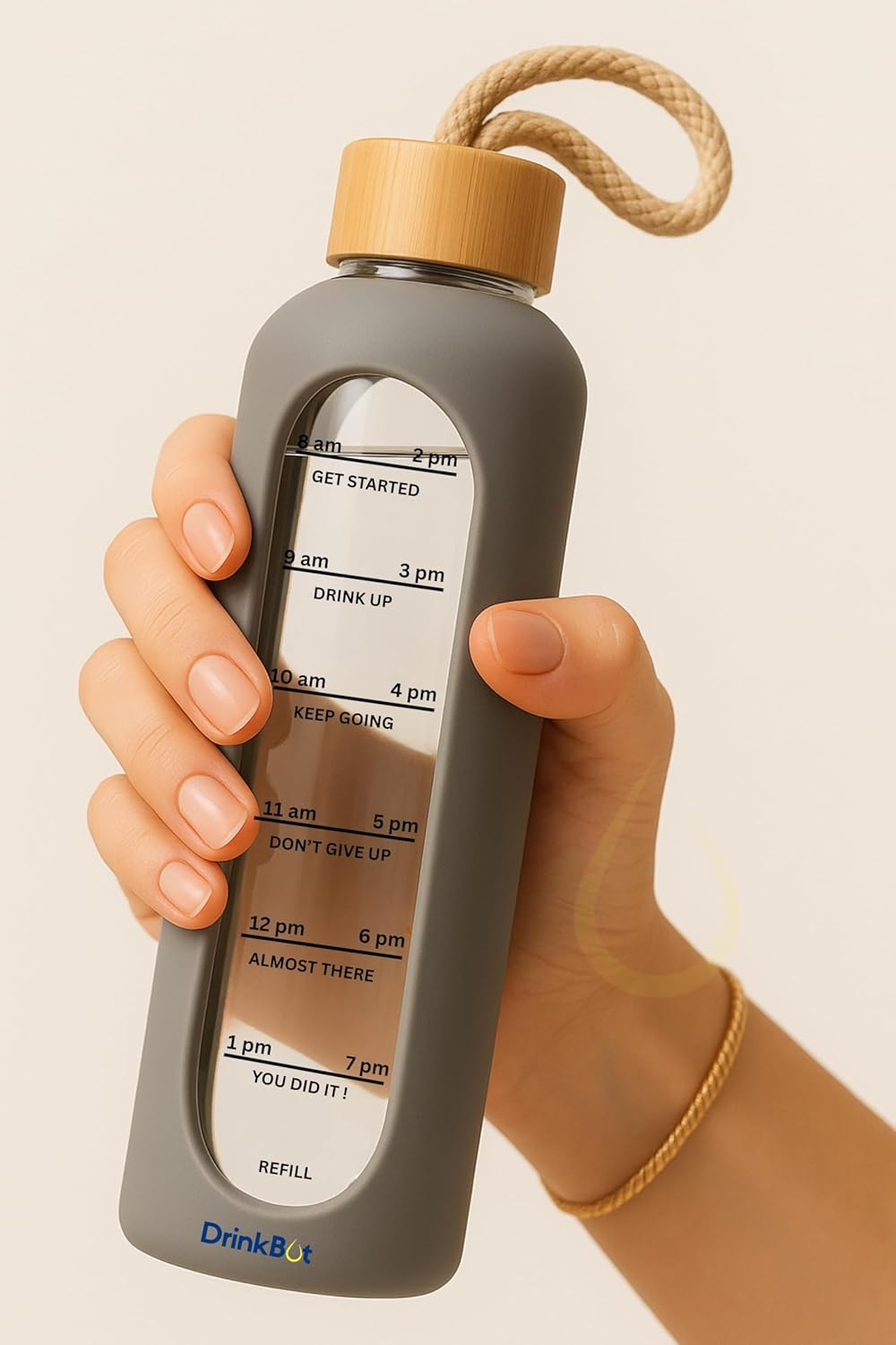 Drinkbot Flare – Borosilicate Glass Water Bottle with Time Marker & Motivational Quotes | Leak-Proof, BPA-Free, Reusable Bottle with Non-Slip Silicone Sleeve & Bamboo Lid