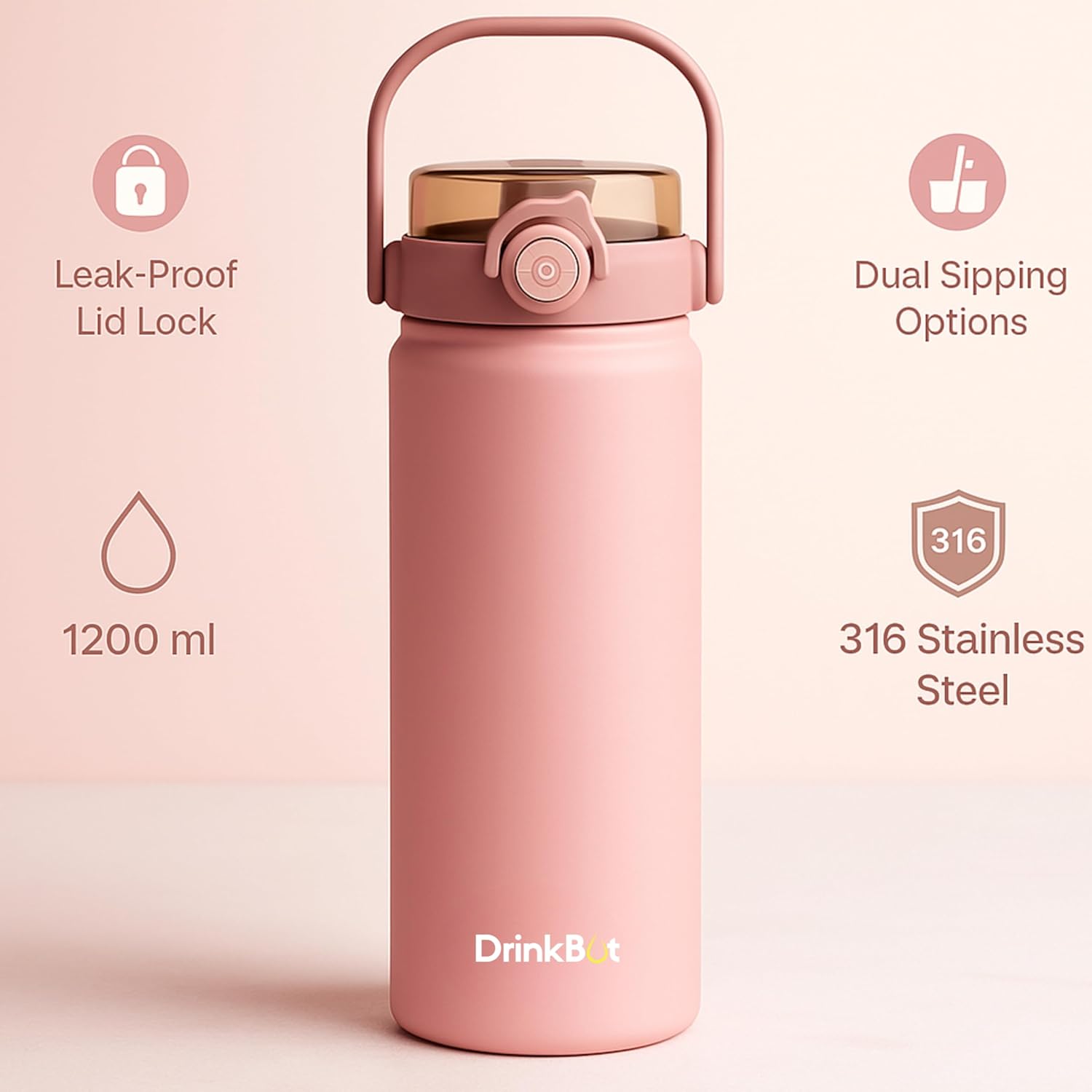 Drinkbot Nova | 1200 ml | 316 Grade Stainless Steel | Vacuum Insulated Water Bottle | Dual Access with Both Sip & Pour Lid | Thermos Hot & Cold | Water Bottle for Office, School, Gym and and Outdoor