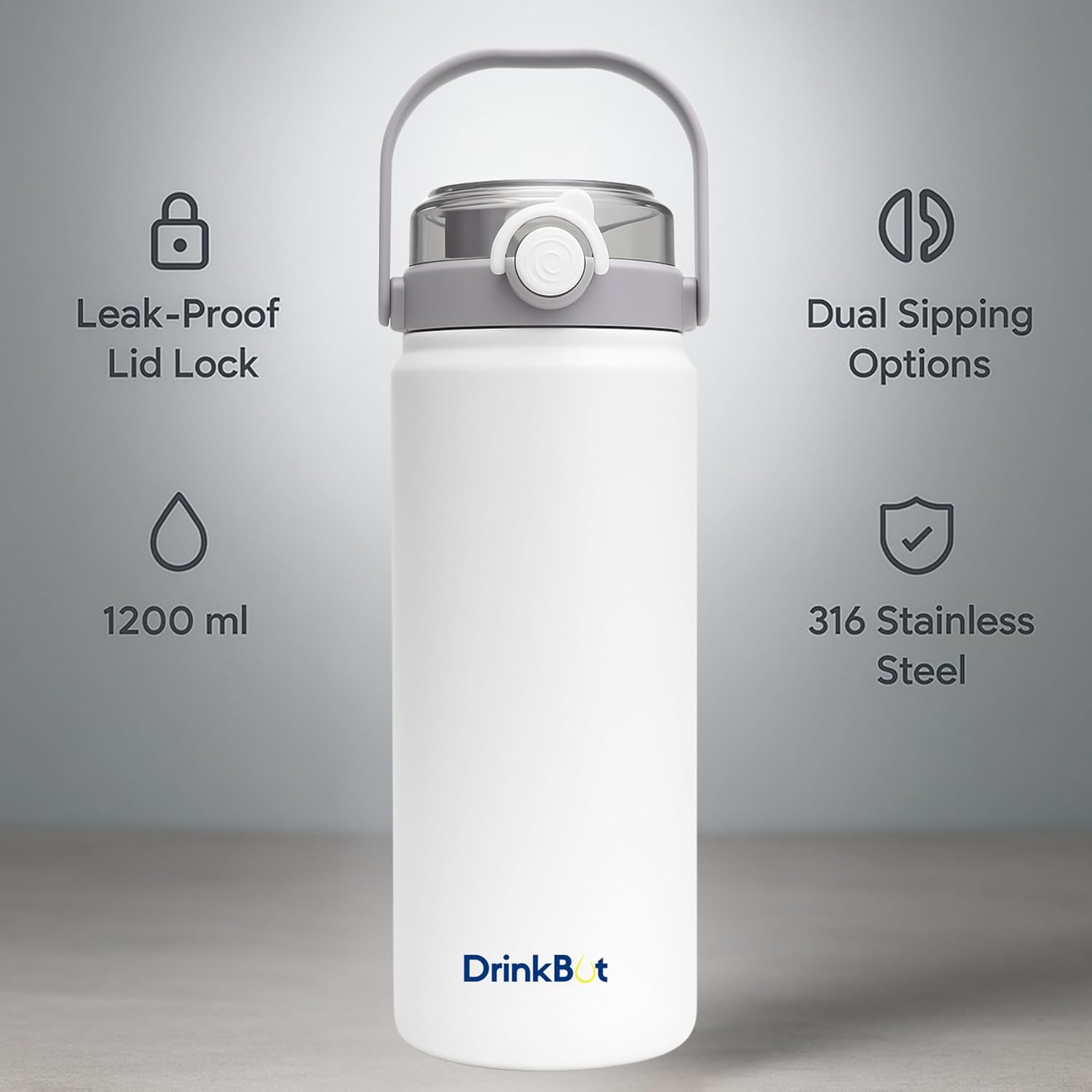 Drinkbot Nova | 1200 ml | 316 Grade Stainless Steel | Vacuum Insulated Water Bottle | Dual Access with Both Sip & Pour Lid | Thermos Hot & Cold | Water Bottle for Office, School, Gym and and Outdoor