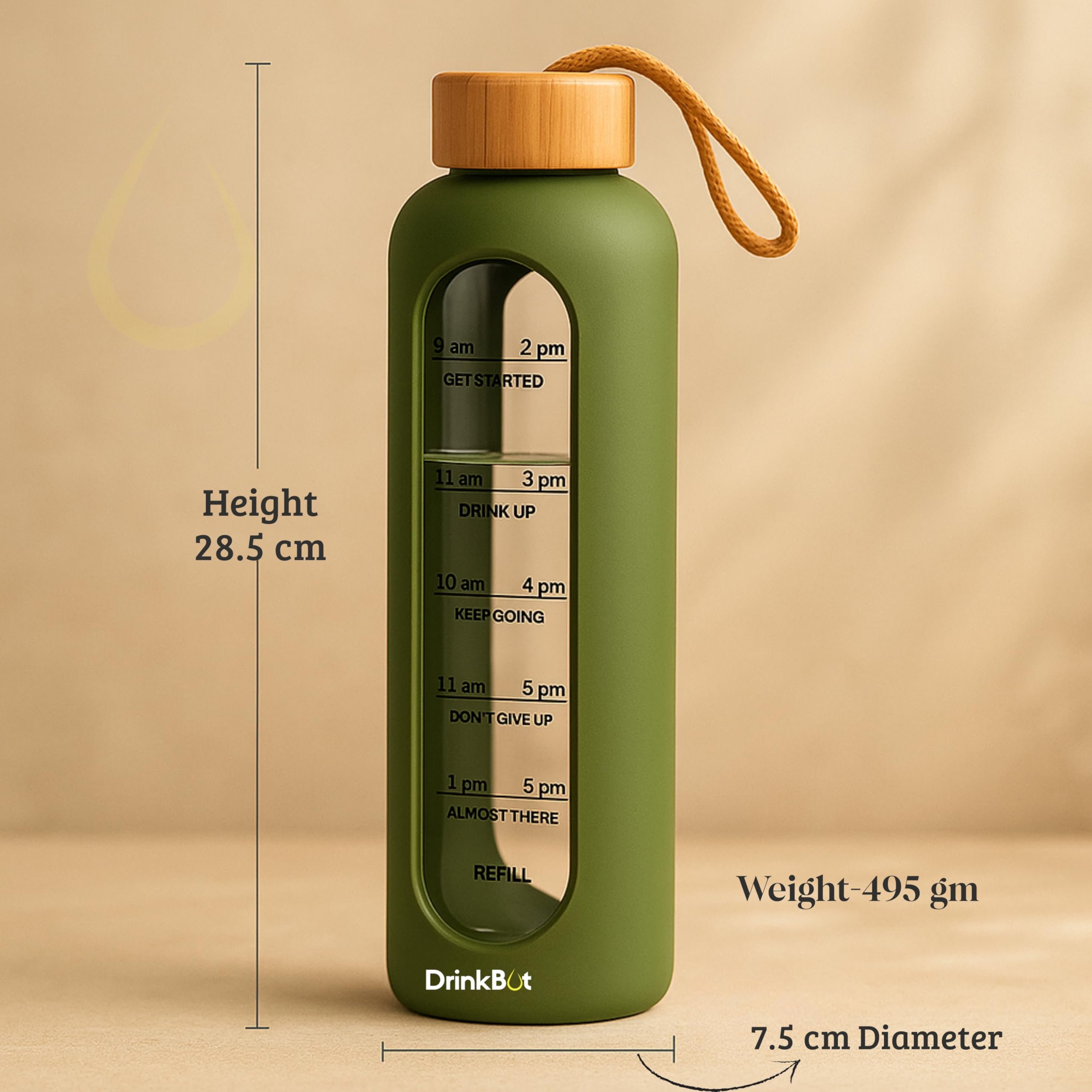 Drinkbot Flare – Borosilicate Glass Water Bottle with Time Marker & Motivational Quotes | Leak-Proof, BPA-Free, Reusable Bottle with Non-Slip Silicone Sleeve & Bamboo Lid