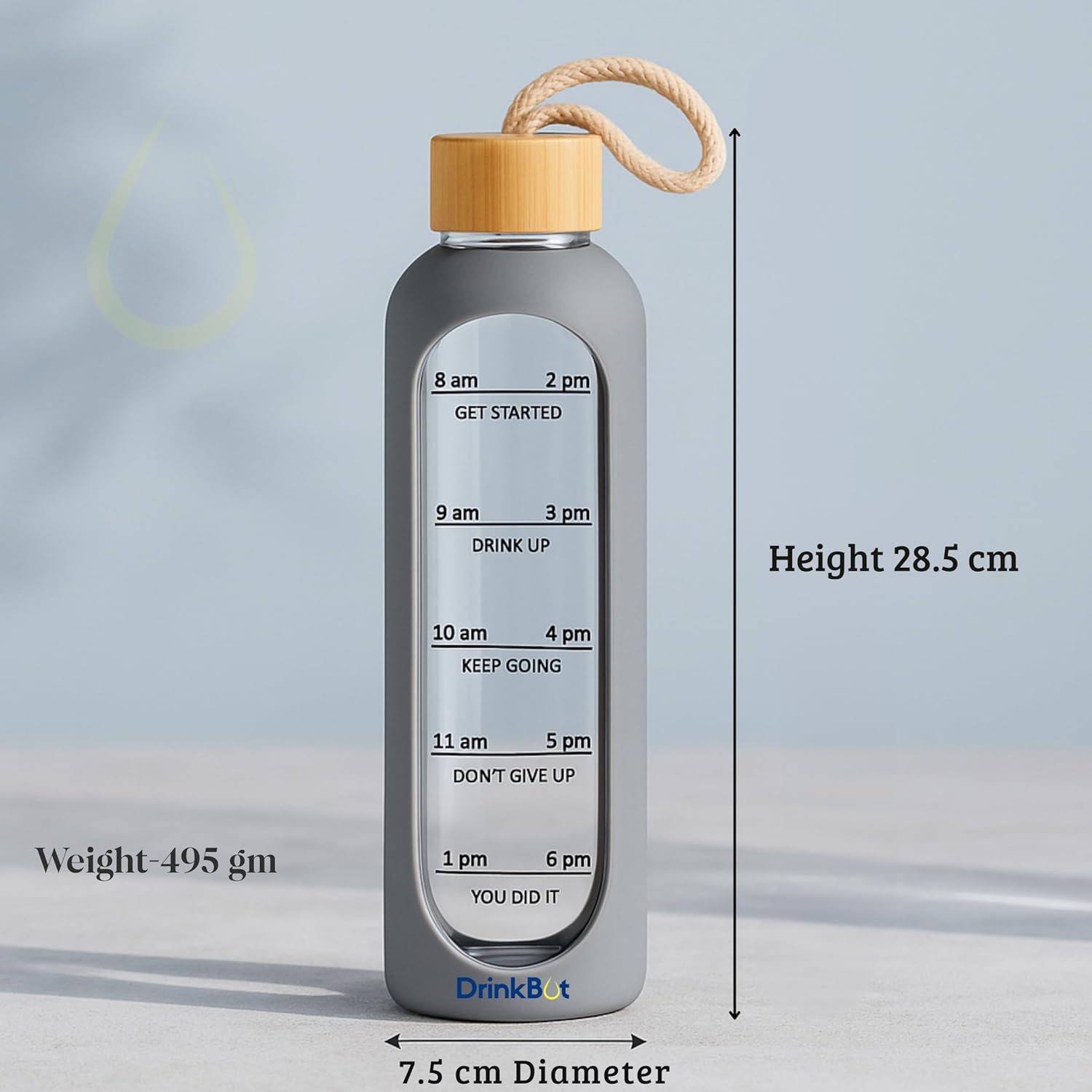 Drinkbot Flare – Borosilicate Glass Water Bottle with Time Marker & Motivational Quotes | Leak-Proof, BPA-Free, Reusable Bottle with Non-Slip Silicone Sleeve & Bamboo Lid