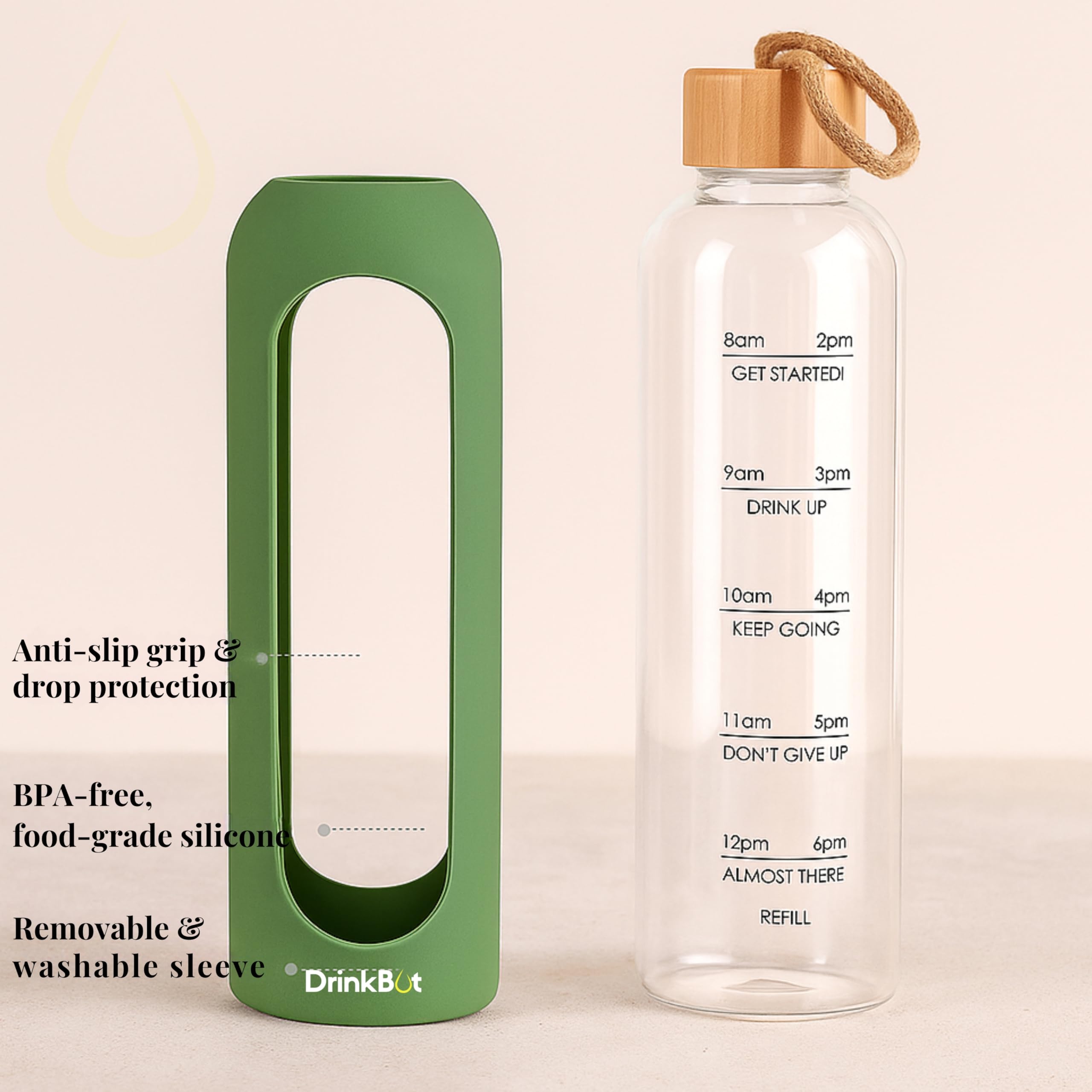 Drinkbot Flare – Borosilicate Glass Water Bottle with Time Marker & Motivational Quotes | Leak-Proof, BPA-Free, Reusable Bottle with Non-Slip Silicone Sleeve & Bamboo Lid