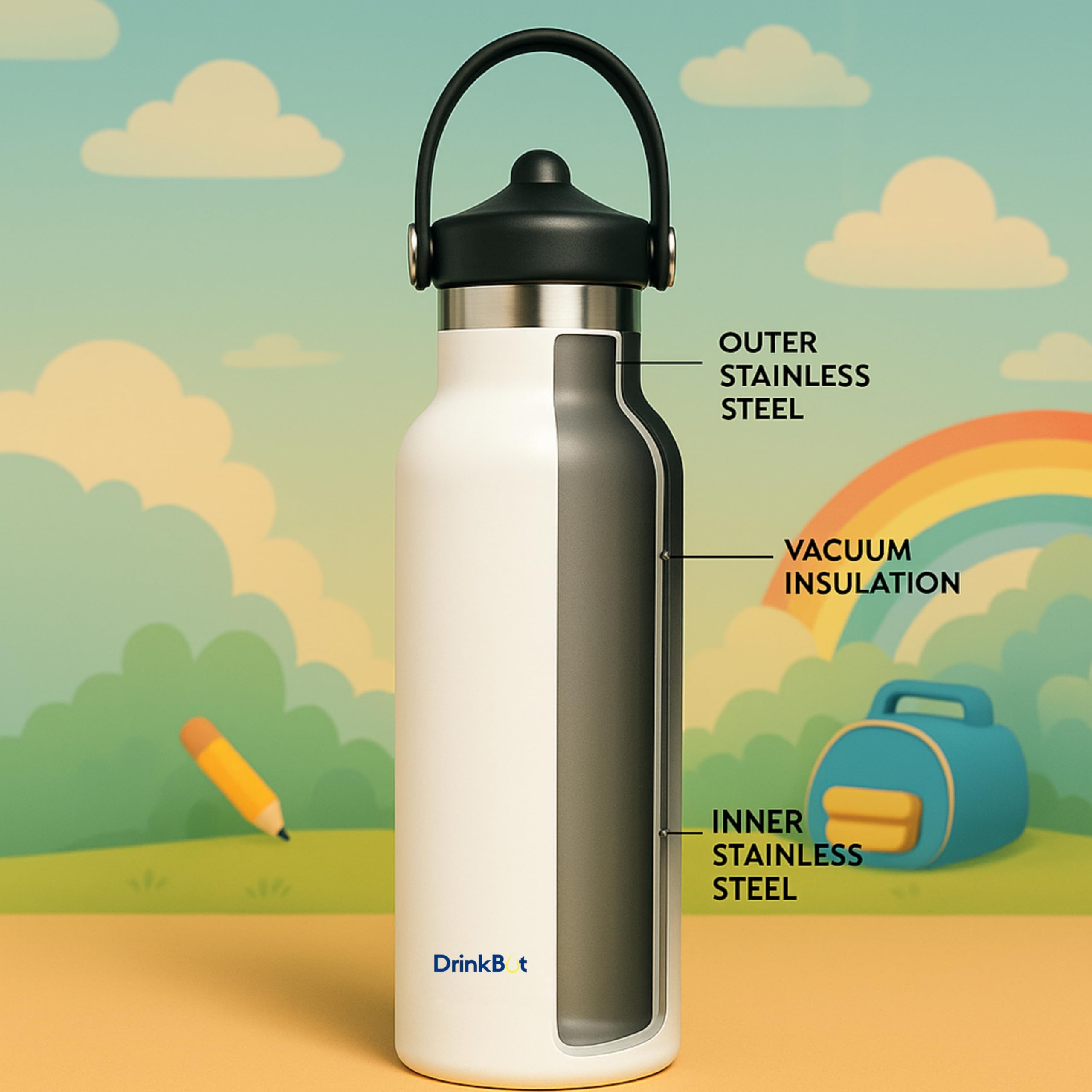 DrinkBot Breeze Kids  Sipper Bottle | 24hr Hot & Cold | 304 Steel, Double Wall | BPA-Free, Leak & Rust-Proof | Ideal for School, Sports & Travel