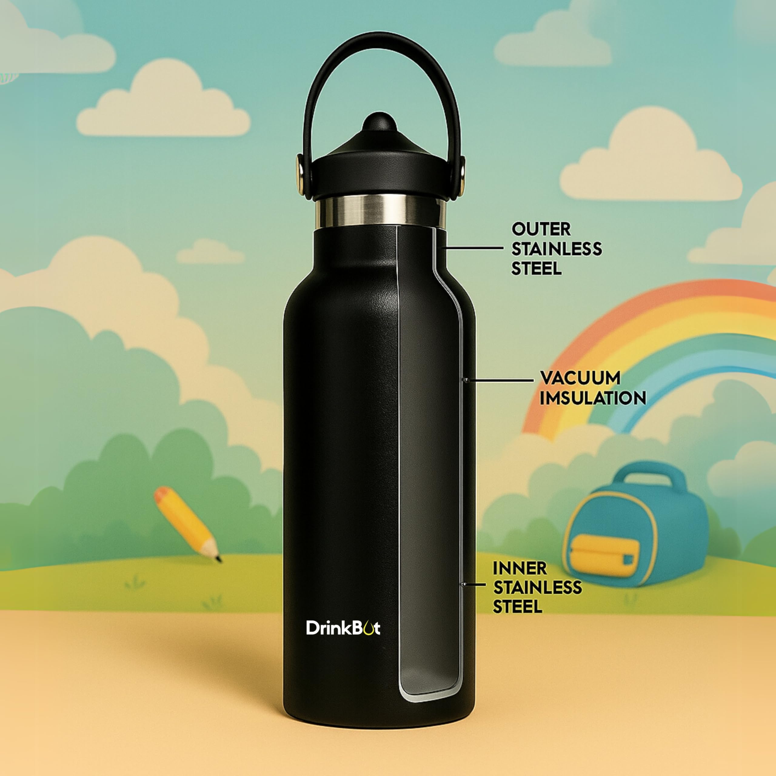 DrinkBot Breeze Kids  Sipper Bottle | 24hr Hot & Cold | 304 Steel, Double Wall | BPA-Free, Leak & Rust-Proof | Ideal for School, Sports & Travel