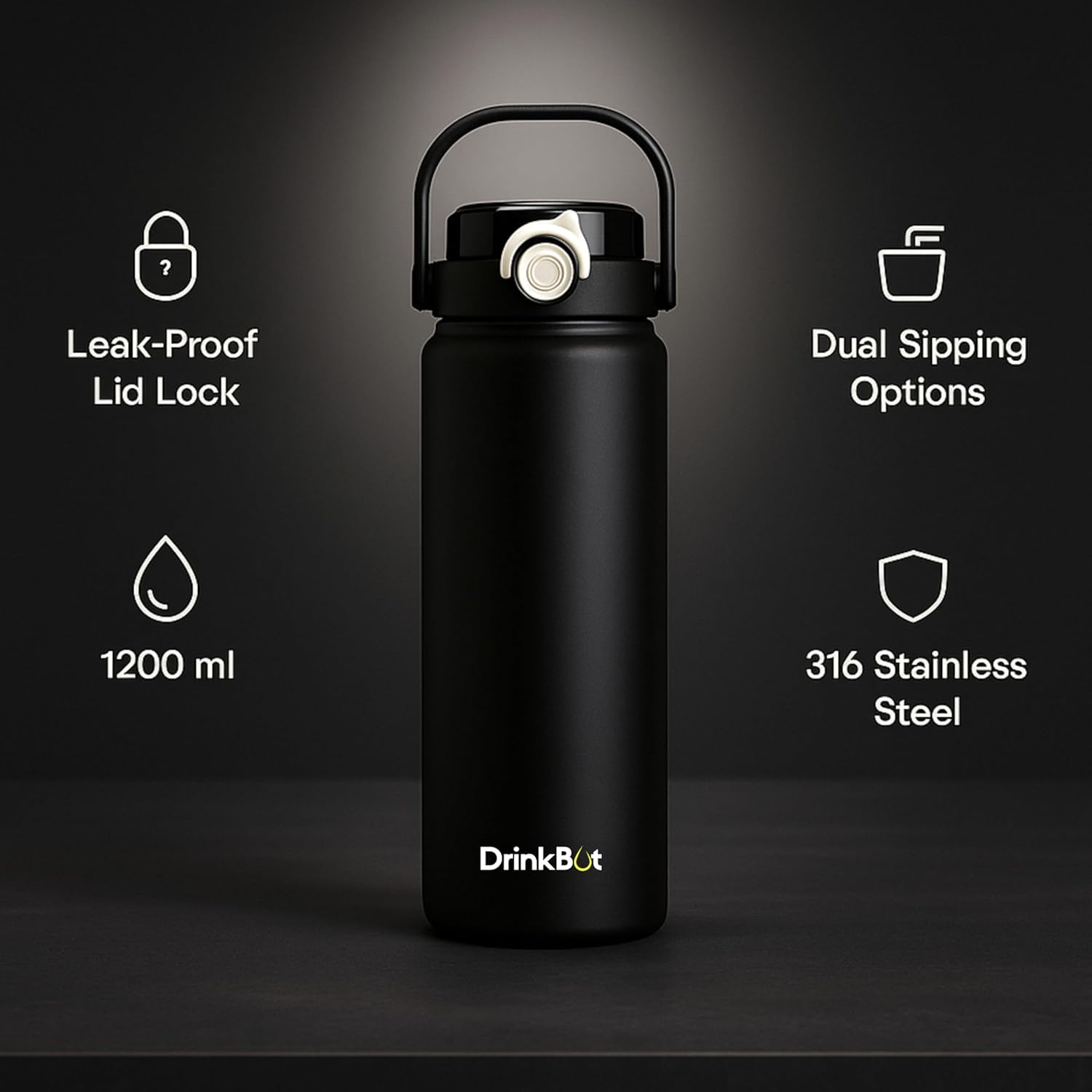 Drinkbot Nova | 1200 ml | 316 Grade Stainless Steel | Vacuum Insulated Water Bottle | Dual Access with Both Sip & Pour Lid | Thermos Hot & Cold | Water Bottle for Office, School, Gym and and Outdoor
