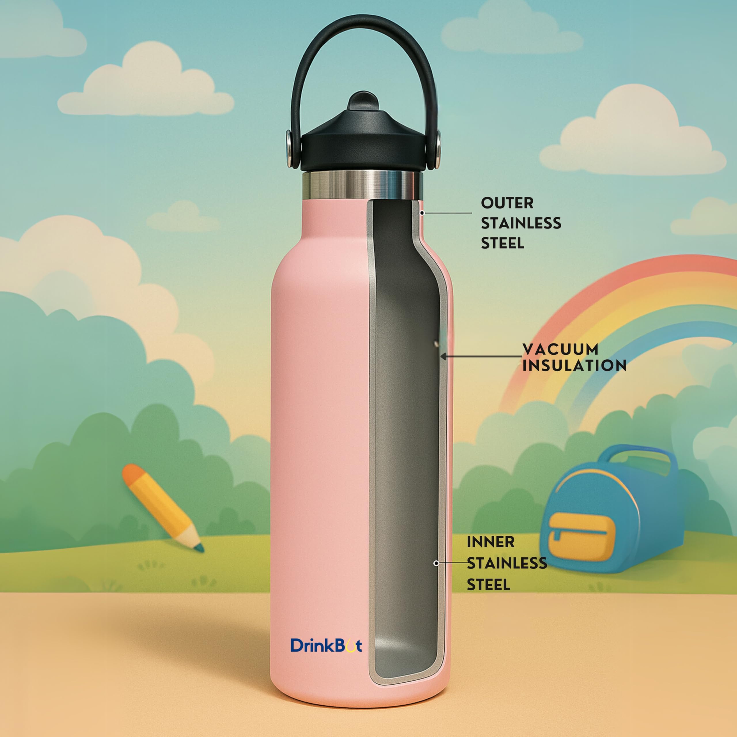 DrinkBot Breeze Kids  Sipper Bottle | 24hr Hot & Cold | 304 Steel, Double Wall | BPA-Free, Leak & Rust-Proof | Ideal for School, Sports & Travel