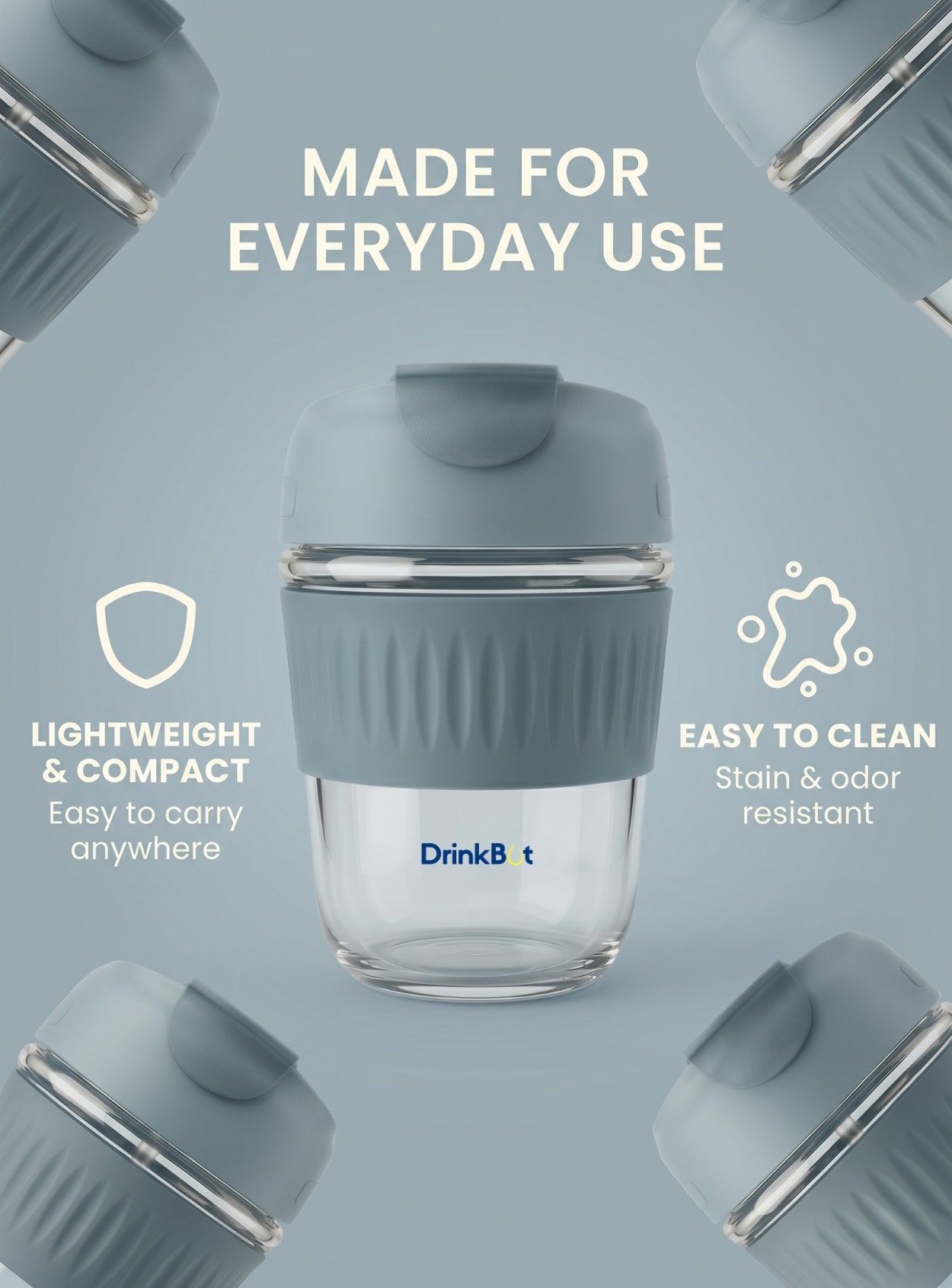 DrinkBot Ember – Glass Tumbler with Dual Sip & Straw Lid, Silicone Grip Sleeve (380 ml)