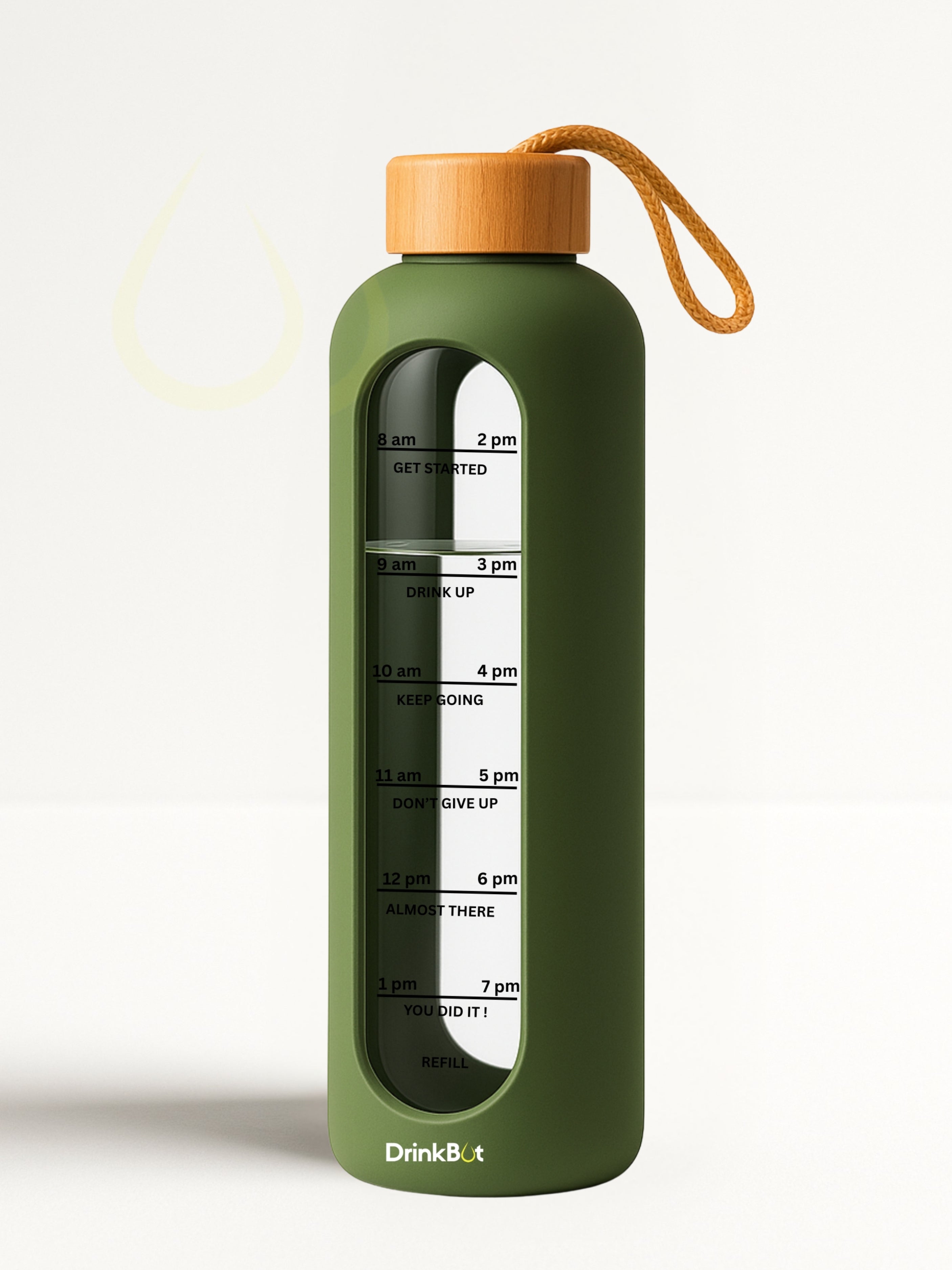Drinkbot Flare – Borosilicate Glass Water Bottle with Time Marker & Motivational Quotes | Leak-Proof, BPA-Free, Reusable Bottle with Non-Slip Silicone Sleeve & Bamboo Lid