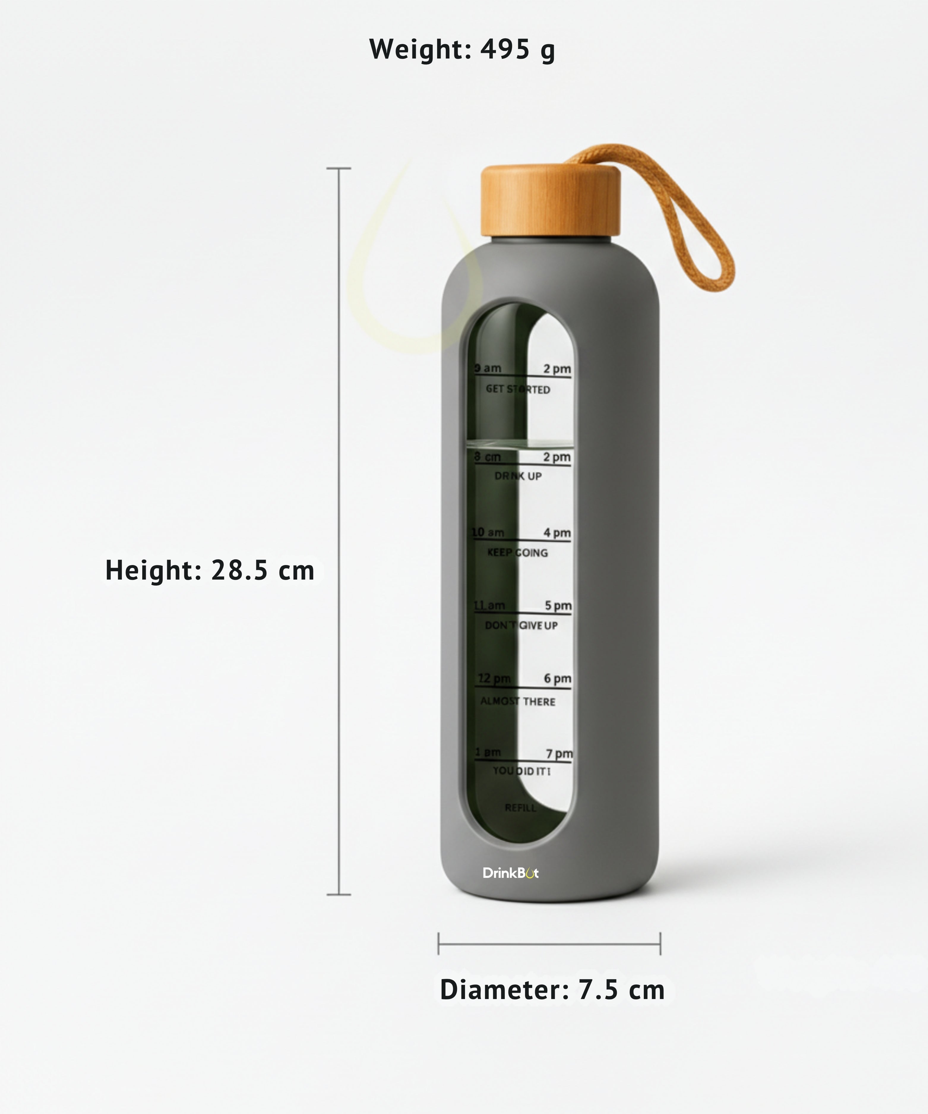 Drinkbot Flare – Borosilicate Glass Water Bottle with Time Marker & Motivational Quotes | Leak-Proof, BPA-Free, Reusable Bottle with Non-Slip Silicone Sleeve & Bamboo Lid