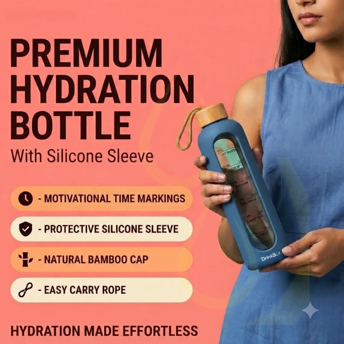 DrinkBot Flare Eco Glass Water Bottle — 1 Litre Borosilicate | Bamboo Lid & Jute Rope | Time Markers | Almost Zero Plastic