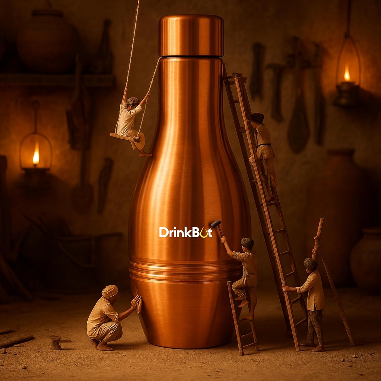 DrinkBot Agni 98% Pure Copper Water Bottle | Ayurvedic Inspired | Leakproof & Handcrafted | 650ml Copper Bottle for Daily Hydration | Elegant Design for Women & Gifting