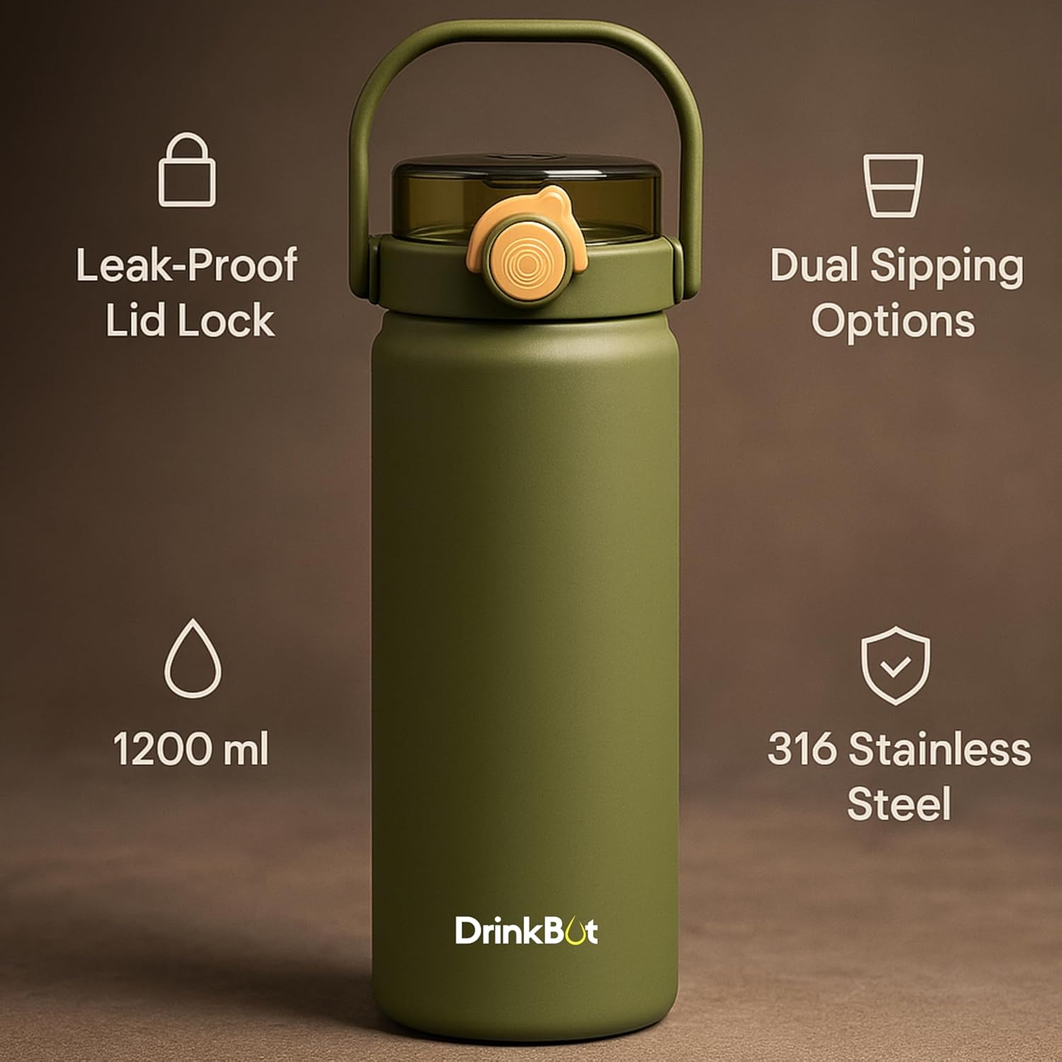 Drinkbot Nova | 1200 ml | 316 Grade Stainless Steel | Vacuum Insulated Water Bottle | Dual Access with Both Sip & Pour Lid | Thermos Hot & Cold | Water Bottle for Office, School, Gym and and Outdoor