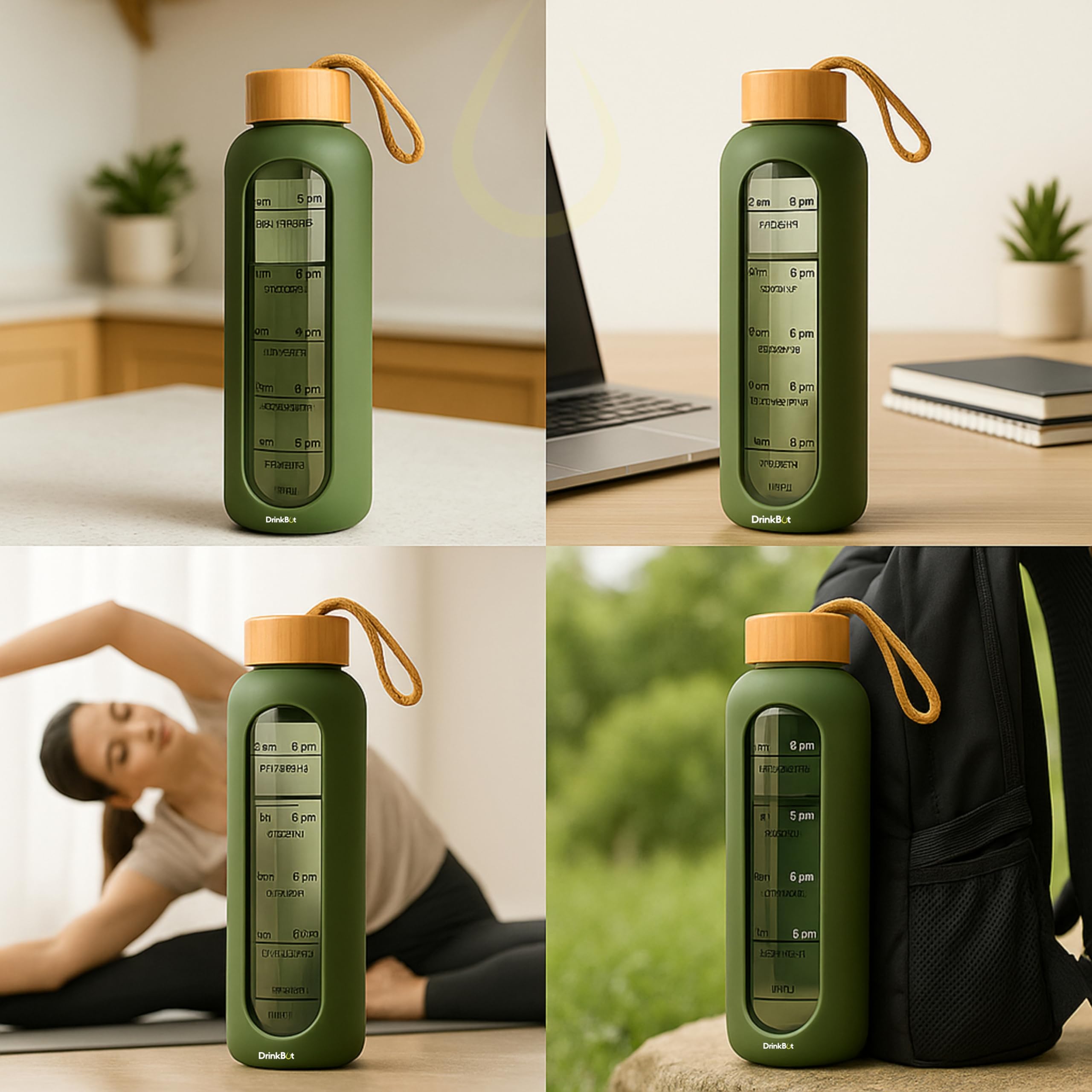 Drinkbot Flare – Borosilicate Glass Water Bottle with Time Marker & Motivational Quotes | Leak-Proof, BPA-Free, Reusable Bottle with Non-Slip Silicone Sleeve & Bamboo Lid