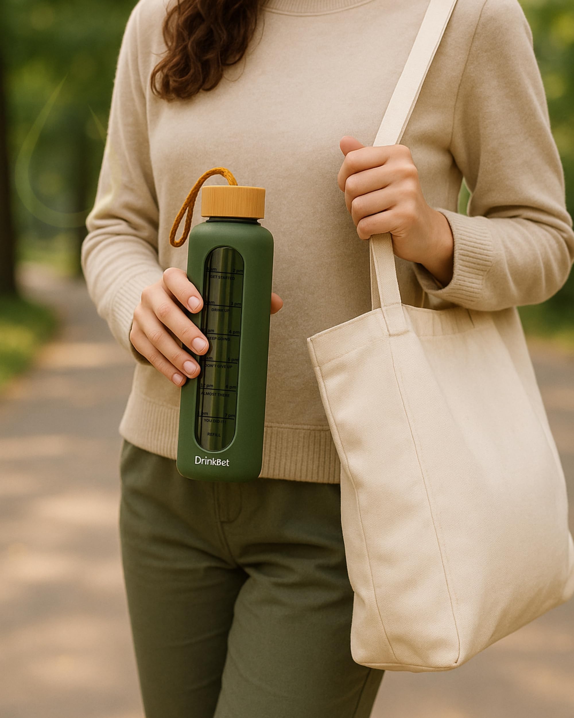 Drinkbot Flare – Borosilicate Glass Water Bottle with Time Marker & Motivational Quotes | Leak-Proof, BPA-Free, Reusable Bottle with Non-Slip Silicone Sleeve & Bamboo Lid