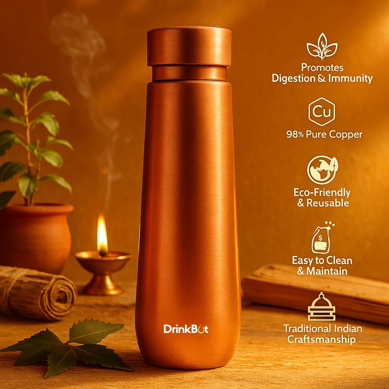 Drinkbot Aakar | 98% Pure Copper Water Bottle | 950ml Leakproof & Handcrafted for Ayurveda, Gifting & Everyday Use