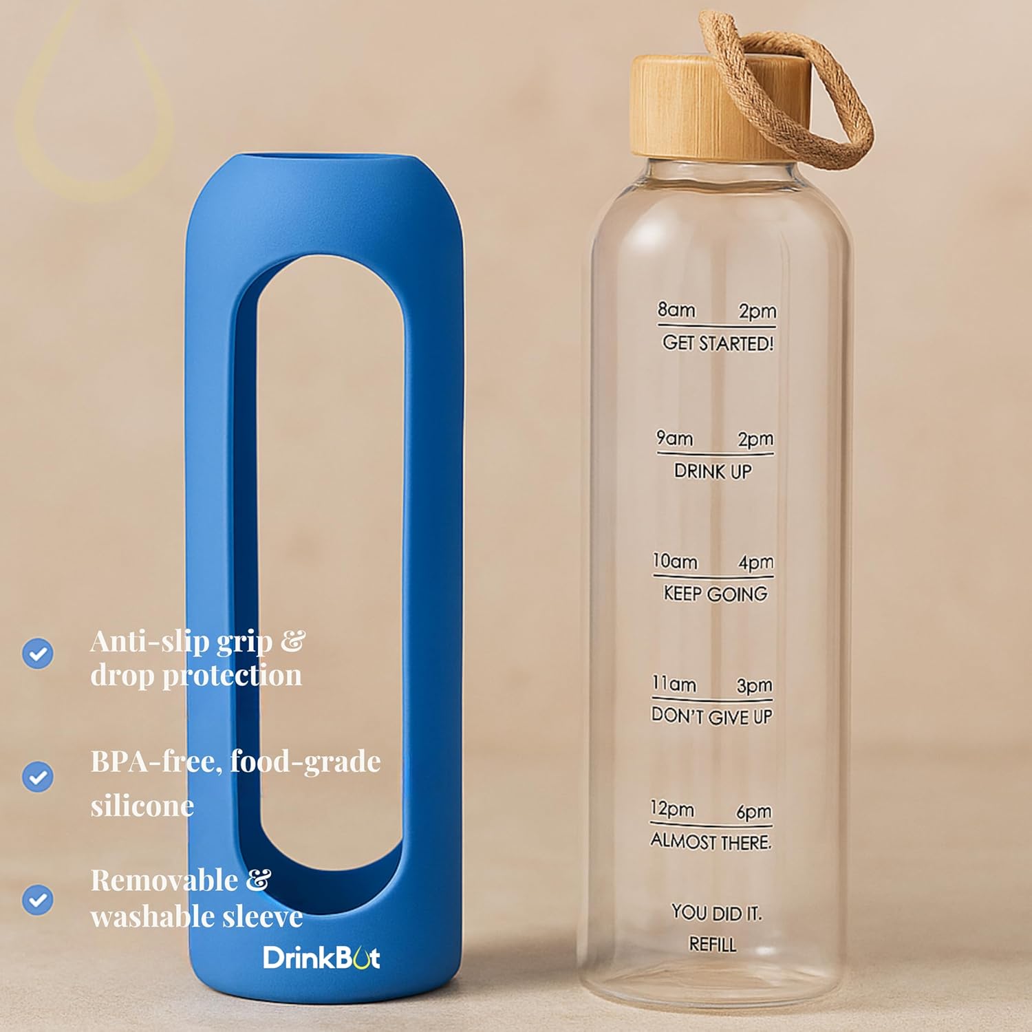 Drinkbot Flare – Borosilicate Glass Water Bottle with Time Marker & Motivational Quotes | Leak-Proof, BPA-Free, Reusable Bottle with Non-Slip Silicone Sleeve & Bamboo Lid