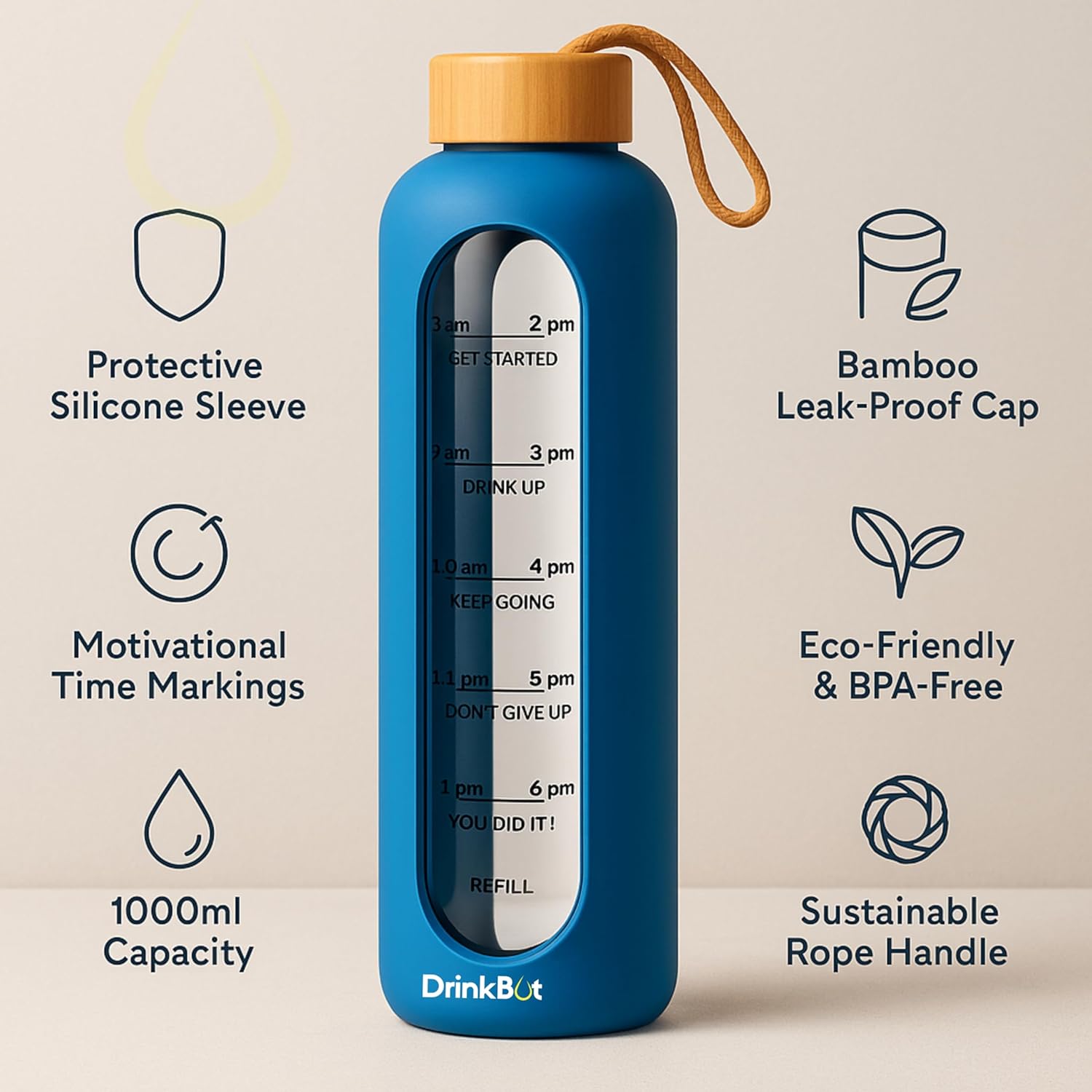 Drinkbot Flare – Borosilicate Glass Water Bottle with Time Marker & Motivational Quotes | Leak-Proof, BPA-Free, Reusable Bottle with Non-Slip Silicone Sleeve & Bamboo Lid