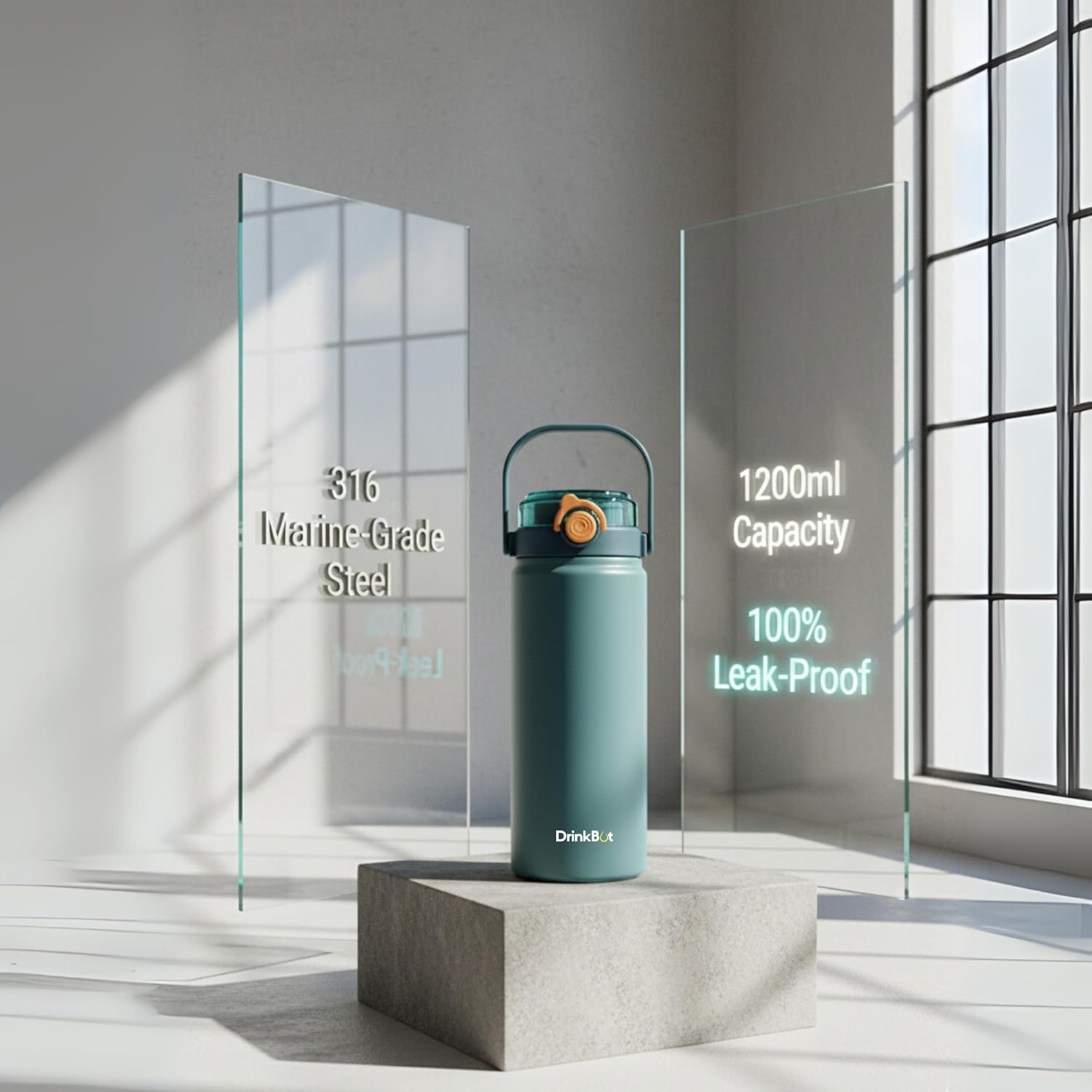 Drinkbot Nova | 1200 ml | 316 Grade Stainless Steel | Vacuum Insulated Water Bottle | Dual Access with Both Sip & Pour Lid | Thermos Hot & Cold | Water Bottle for Office, School, Gym and and Outdoor