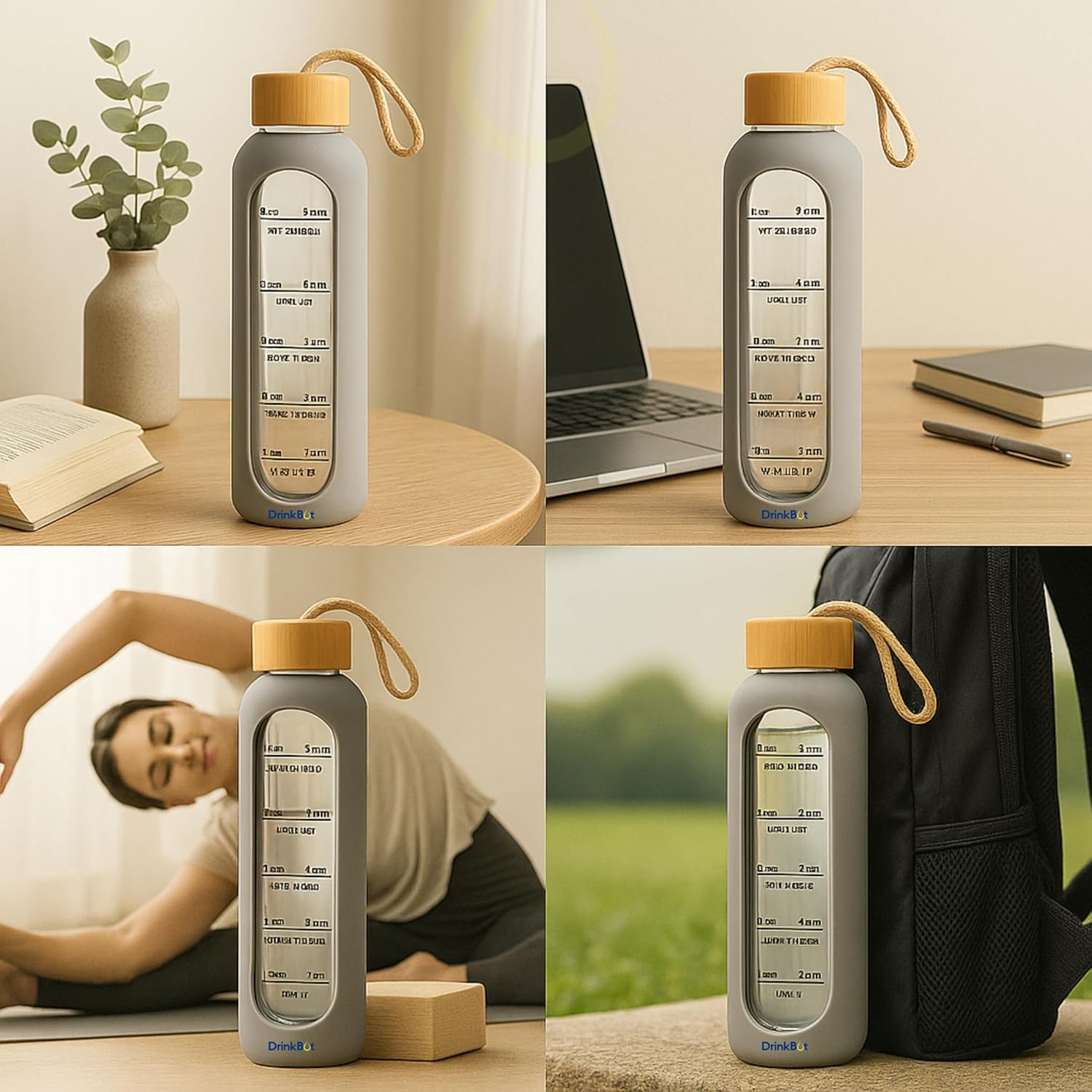 Drinkbot Flare – Borosilicate Glass Water Bottle with Time Marker & Motivational Quotes | Leak-Proof, BPA-Free, Reusable Bottle with Non-Slip Silicone Sleeve & Bamboo Lid