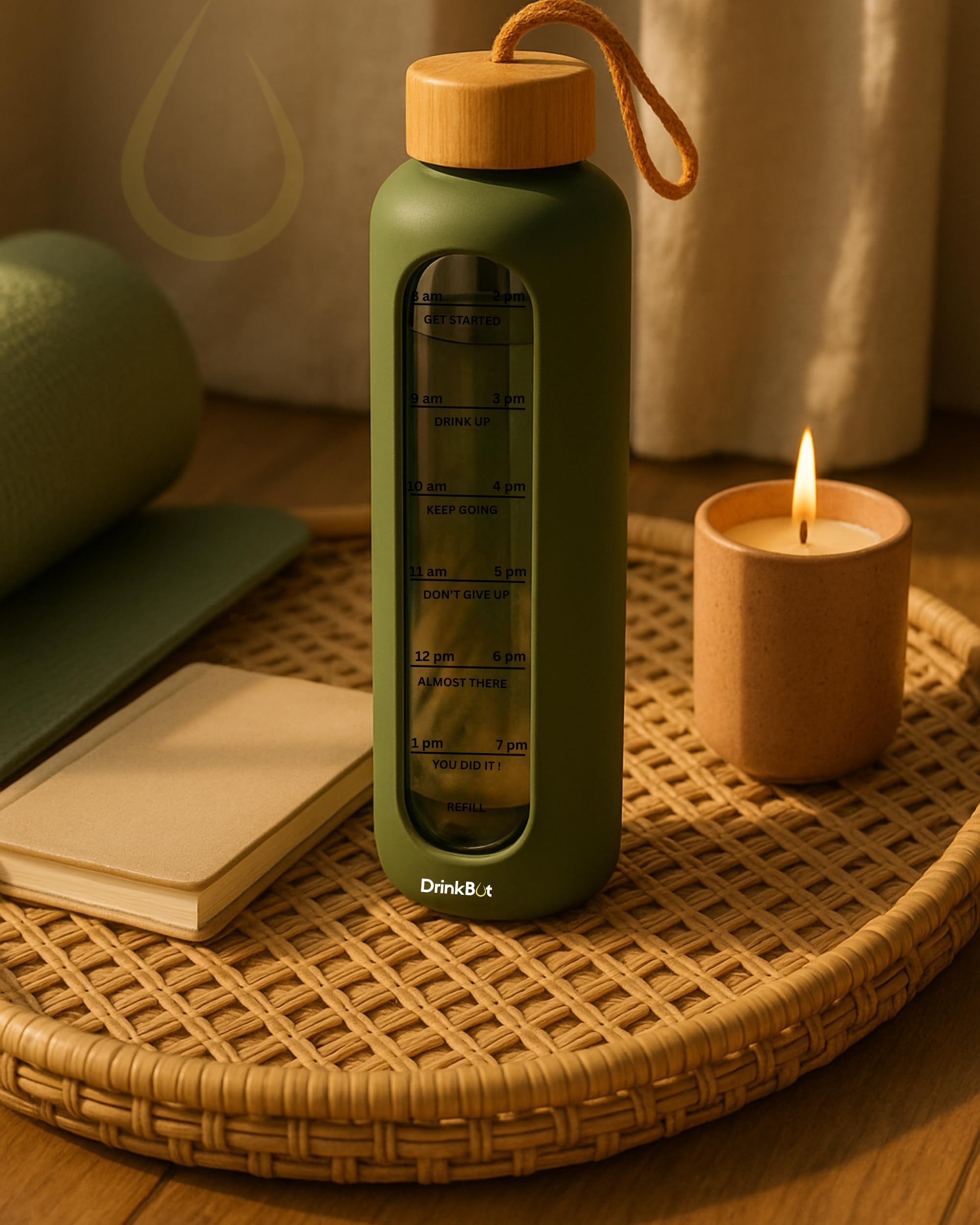 Drinkbot Flare – Borosilicate Glass Water Bottle with Time Marker & Motivational Quotes | Leak-Proof, BPA-Free, Reusable Bottle with Non-Slip Silicone Sleeve & Bamboo Lid