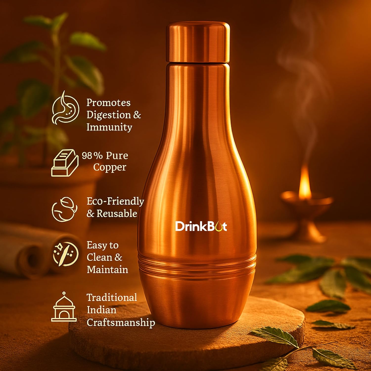 DrinkBot Agni 98% Pure Copper Water Bottle | Ayurvedic Inspired | Leakproof & Handcrafted | 650ml Copper Bottle for Daily Hydration | Elegant Design for Women & Gifting