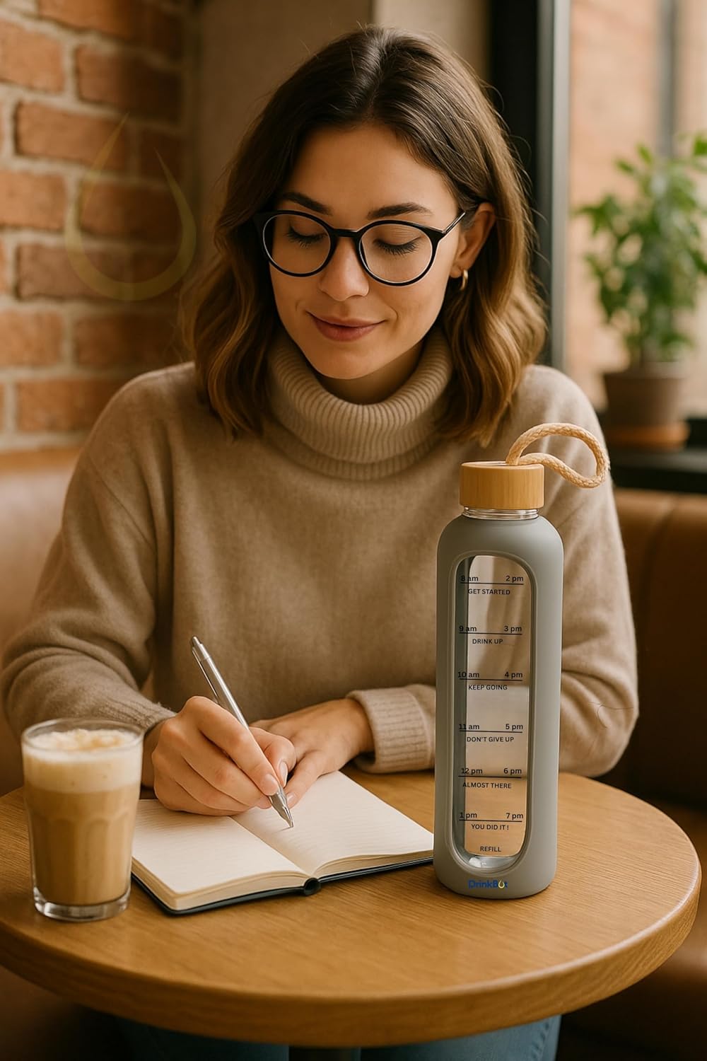 Drinkbot Flare – Borosilicate Glass Water Bottle with Time Marker & Motivational Quotes | Leak-Proof, BPA-Free, Reusable Bottle with Non-Slip Silicone Sleeve & Bamboo Lid