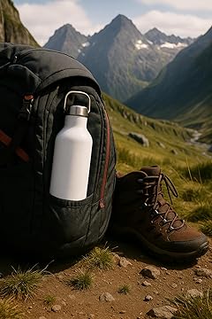 Backpack, white water bottle, and hiking boots on a mountain path with mountains in the background
