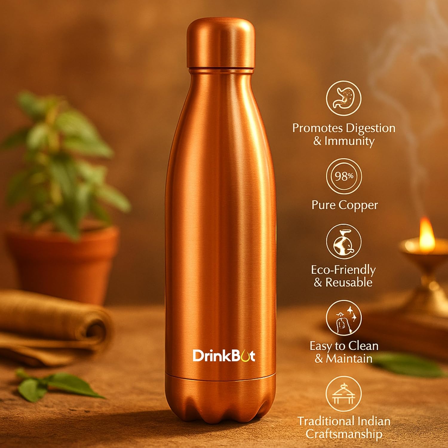 DrinkBot Amrit 1100ml Copper Water Bottle | 98% Pure Copper | Ayurvedic Benefits | Leak-Proof | Ideal for Home, Office & Gifting
