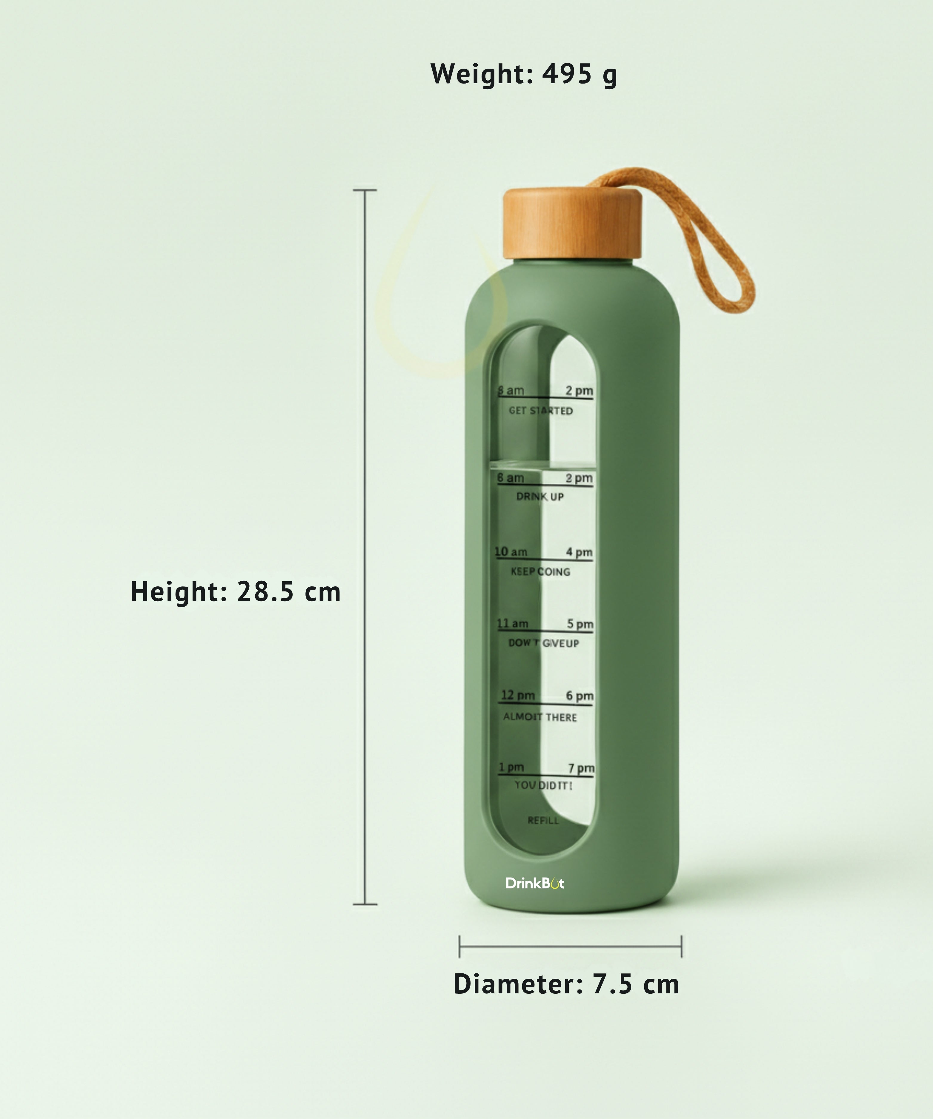 Drinkbot Flare – Borosilicate Glass Water Bottle with Time Marker & Motivational Quotes | Leak-Proof, BPA-Free, Reusable Bottle with Non-Slip Silicone Sleeve & Bamboo Lid